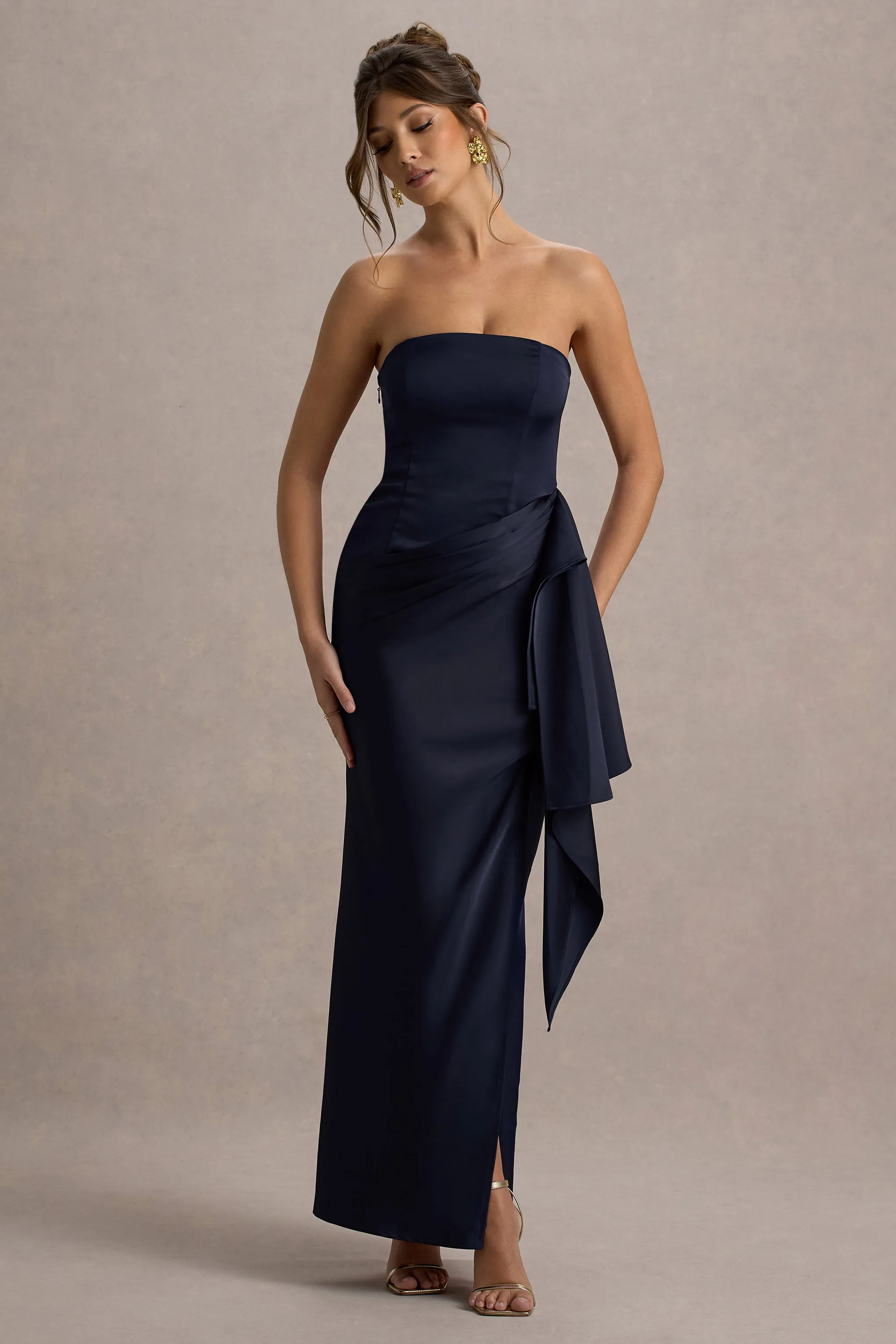 Loz | Navy Satin Bandeau Draped Maxi Dress sold by Club L London product image thumbnail 5