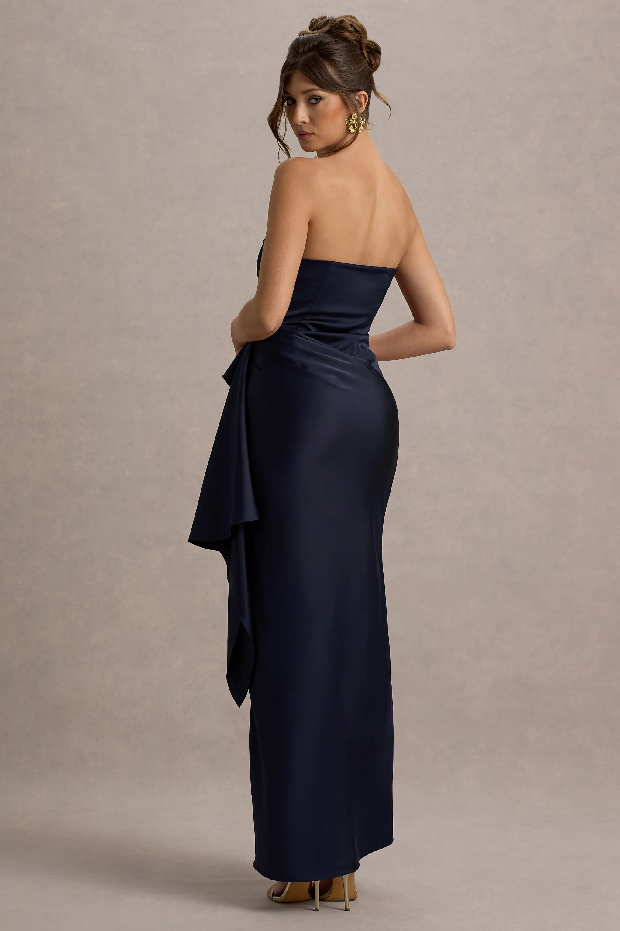Loz | Navy Satin Bandeau Draped Maxi Dress sold by Club L London product image thumbnail 2