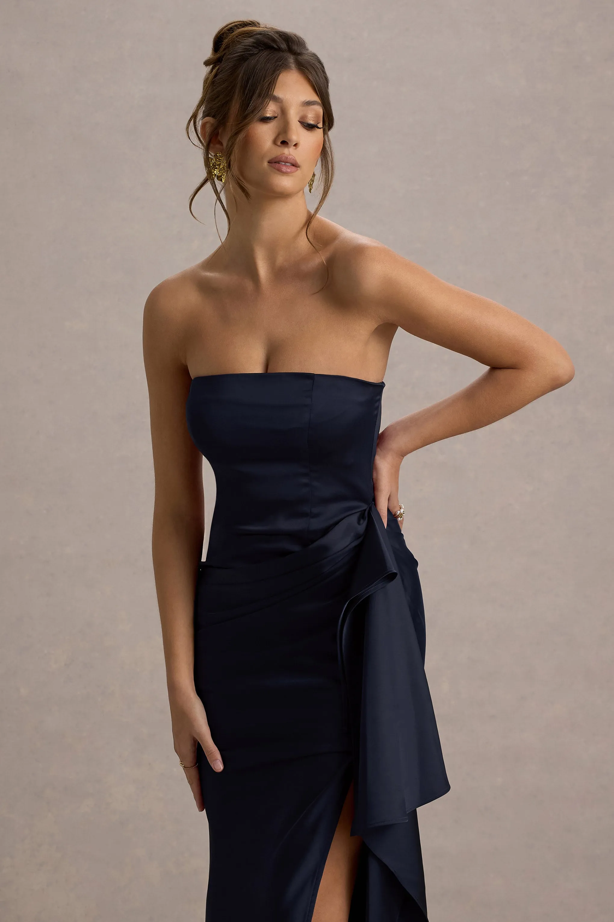 Loz | Navy Satin Bandeau Draped Maxi Dress sold by Club L London product image thumbnail 3