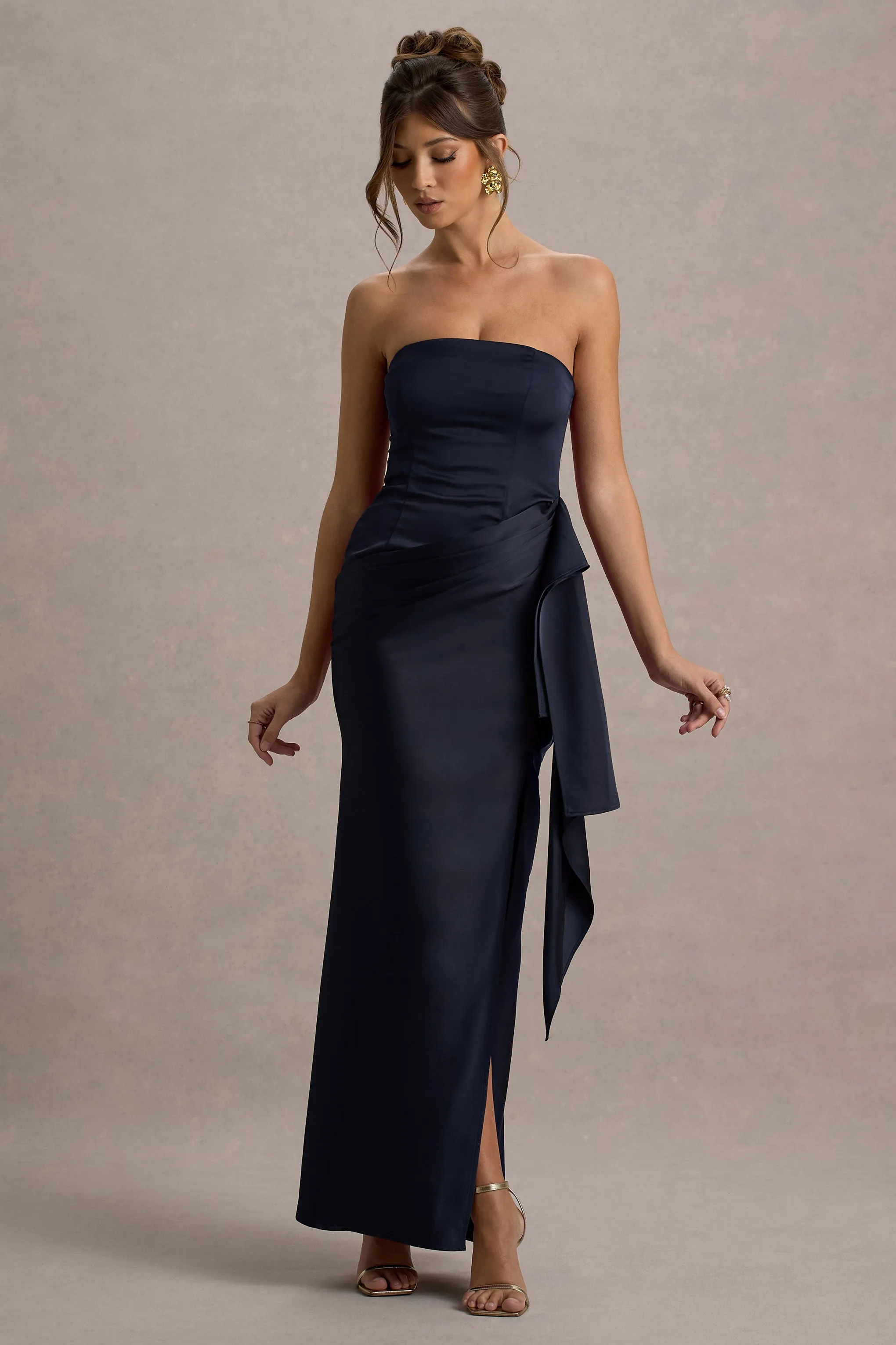 Loz | Navy Satin Bandeau Draped Maxi Dress sold by Club L London product image thumbnail 4