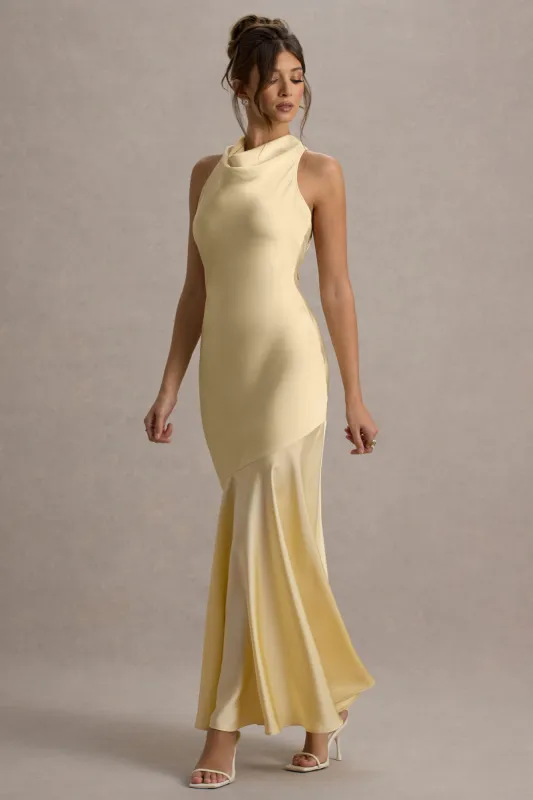 Amelita | Lemon Satin Cowl-Neck Fishtail Maxi Dress sold by Club L London
