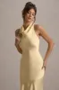 Amelita | Lemon Satin Cowl-Neck Fishtail Maxi Dress sold by Club L London