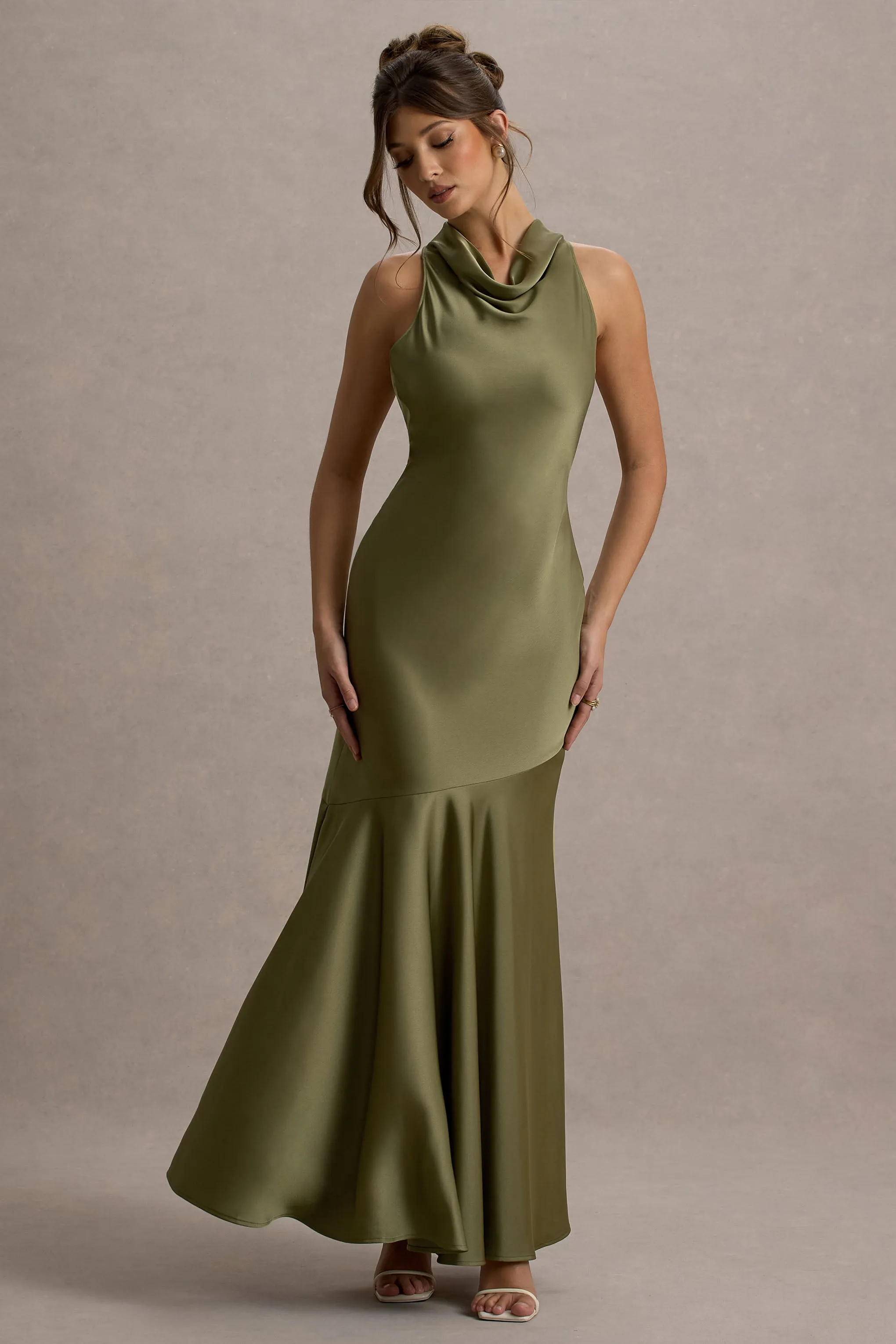 Amelita | Khaki Satin Cowl-Neck Fishtail Maxi Dress sold by Club L London product image thumbnail 4