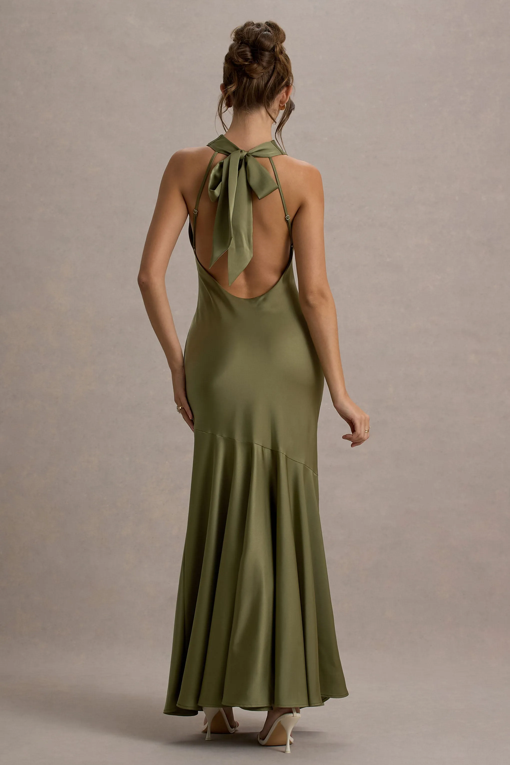 Amelita | Khaki Satin Cowl-Neck Fishtail Maxi Dress sold by Club L London product image thumbnail 2