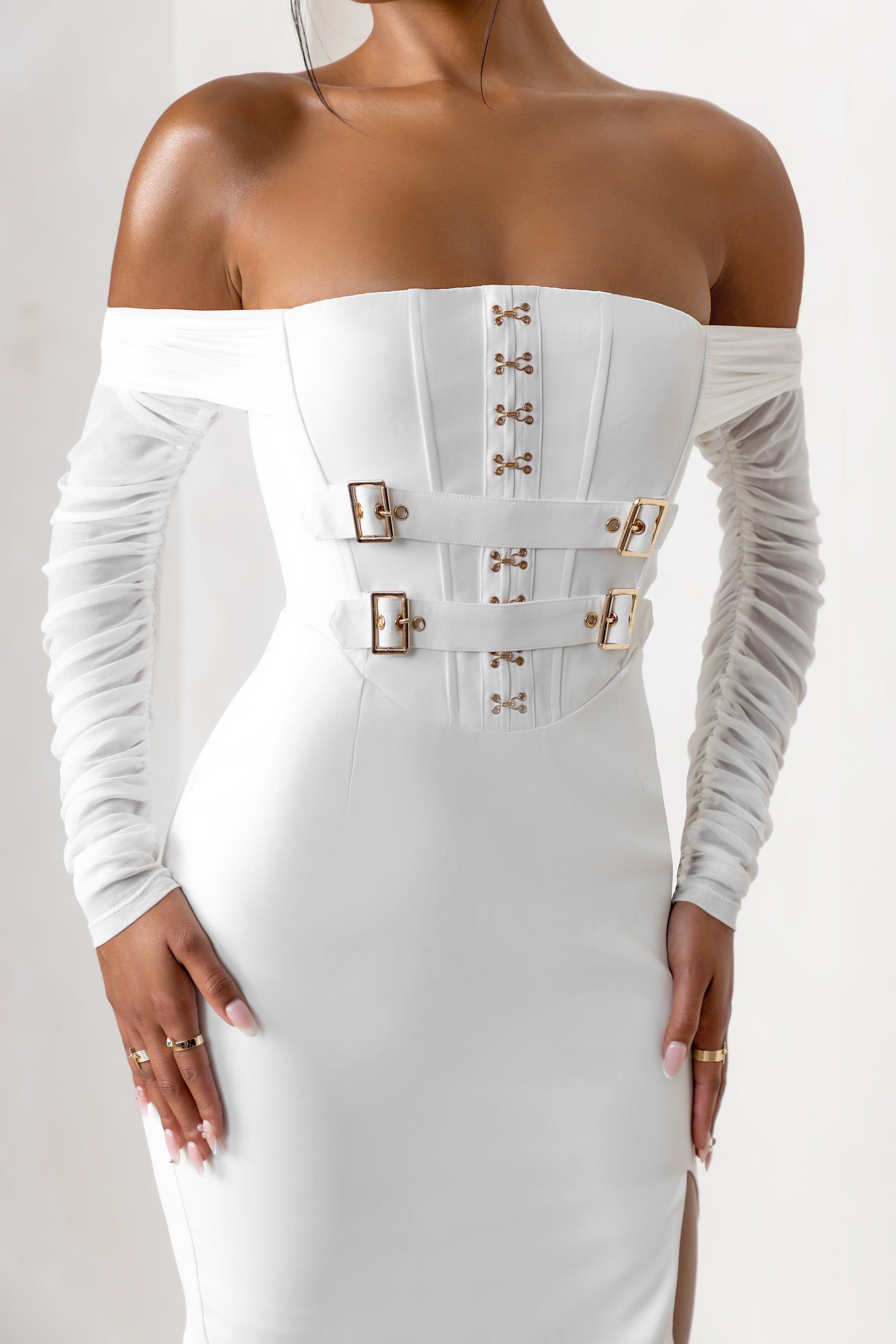 Above & Beyond | White Bardot Neck Corset Mini Dress With Belt Detail sold by Club L London product image thumbnail 3