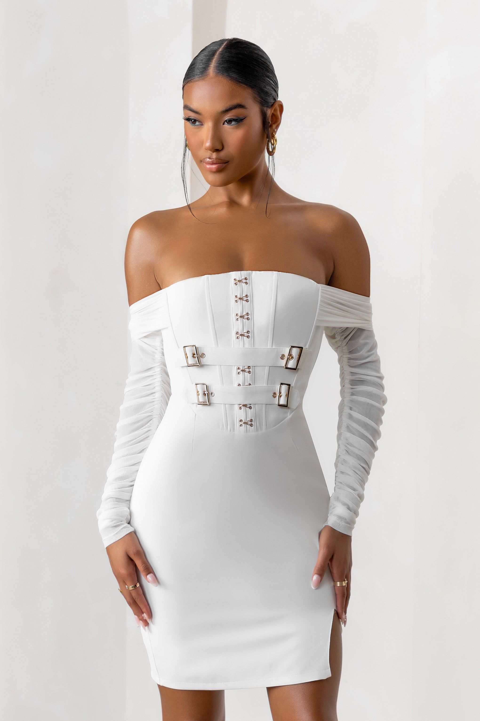 Above & Beyond | White Bardot Neck Corset Mini Dress With Belt Detail sold by Club L London product image thumbnail 4