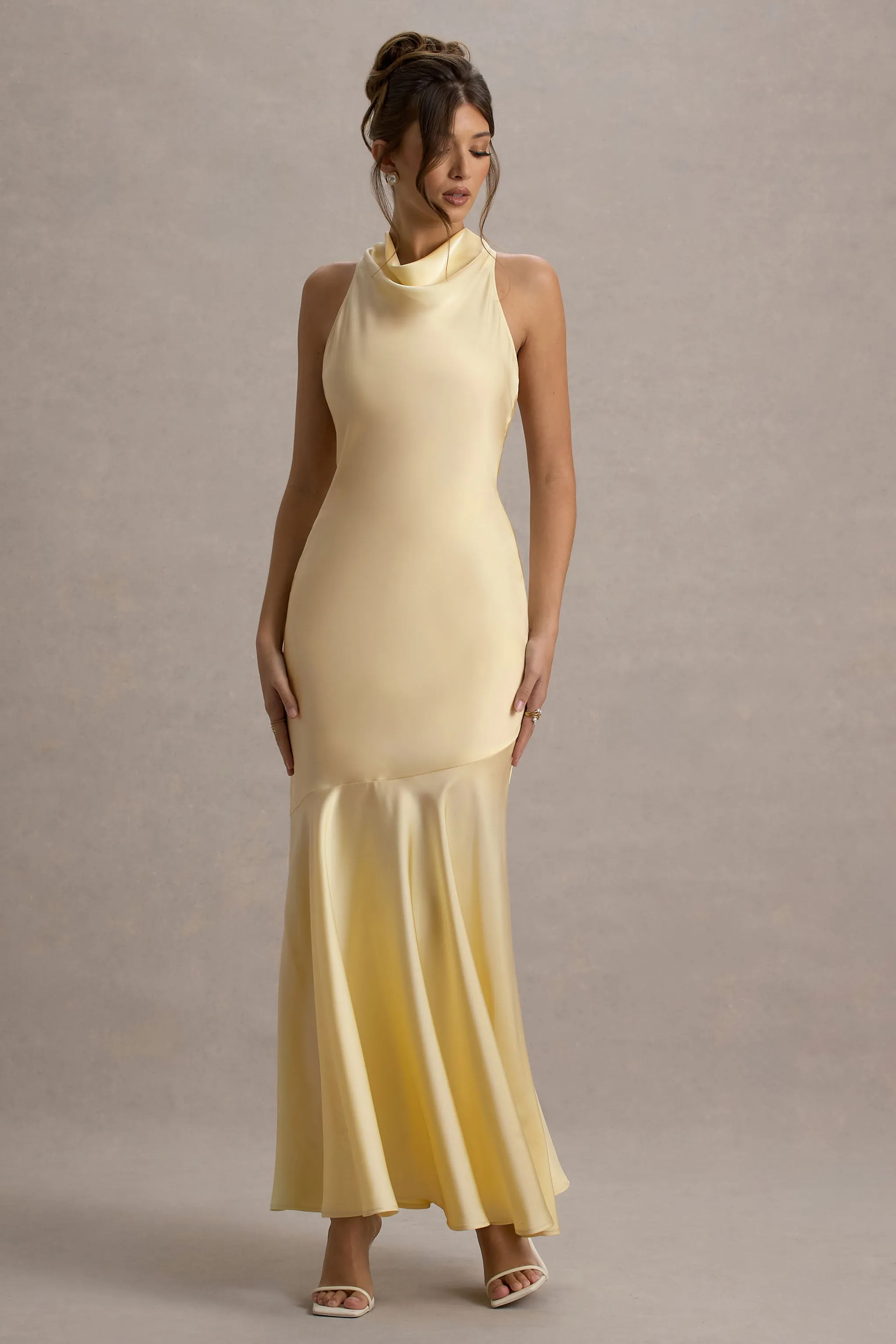 Amelita | Lemon Satin Cowl-Neck Maxi Dress sold by Club L London product image thumbnail 4