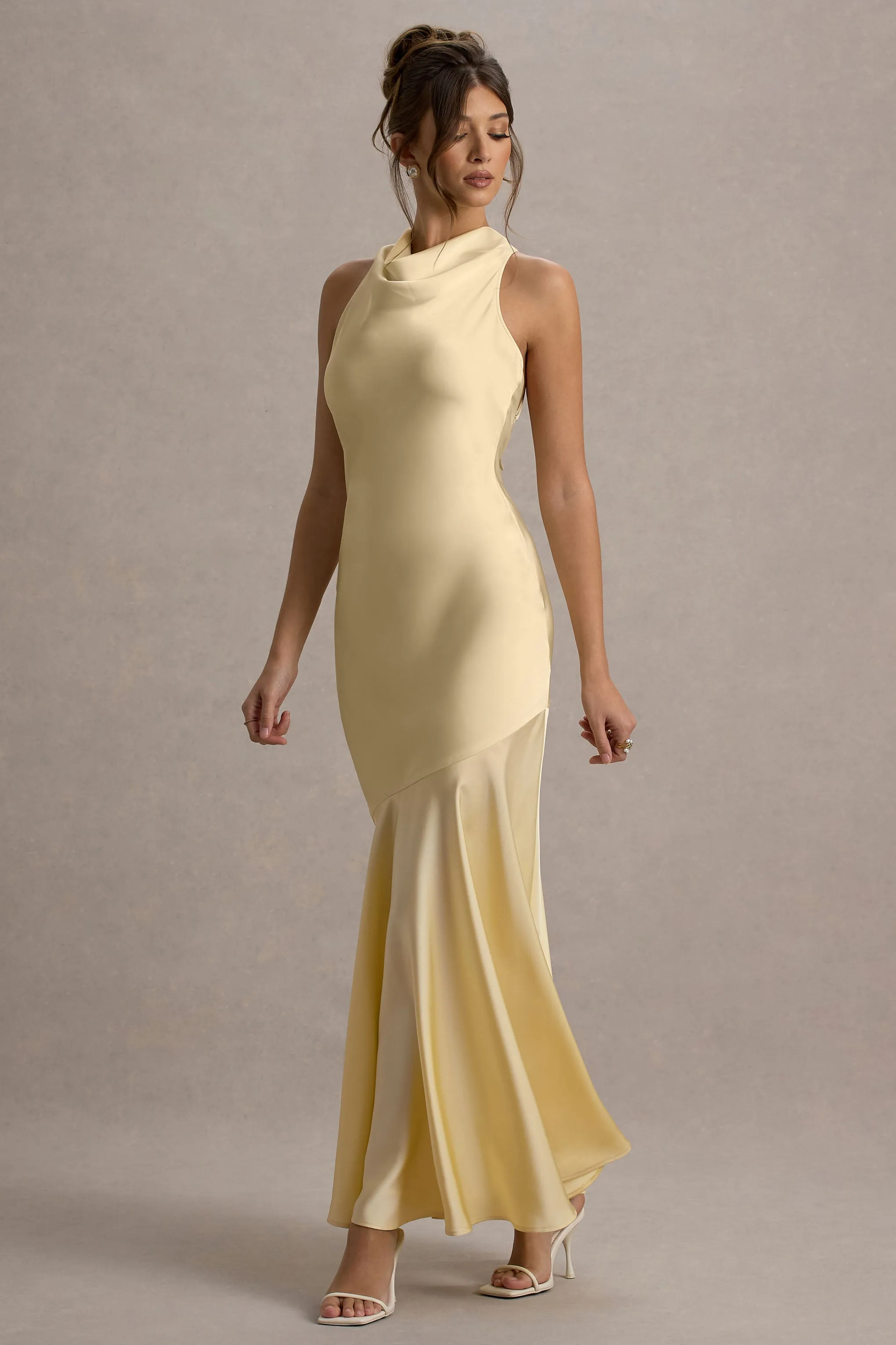 Amelita | Lemon Satin Cowl-Neck Maxi Dress sold by Club L London