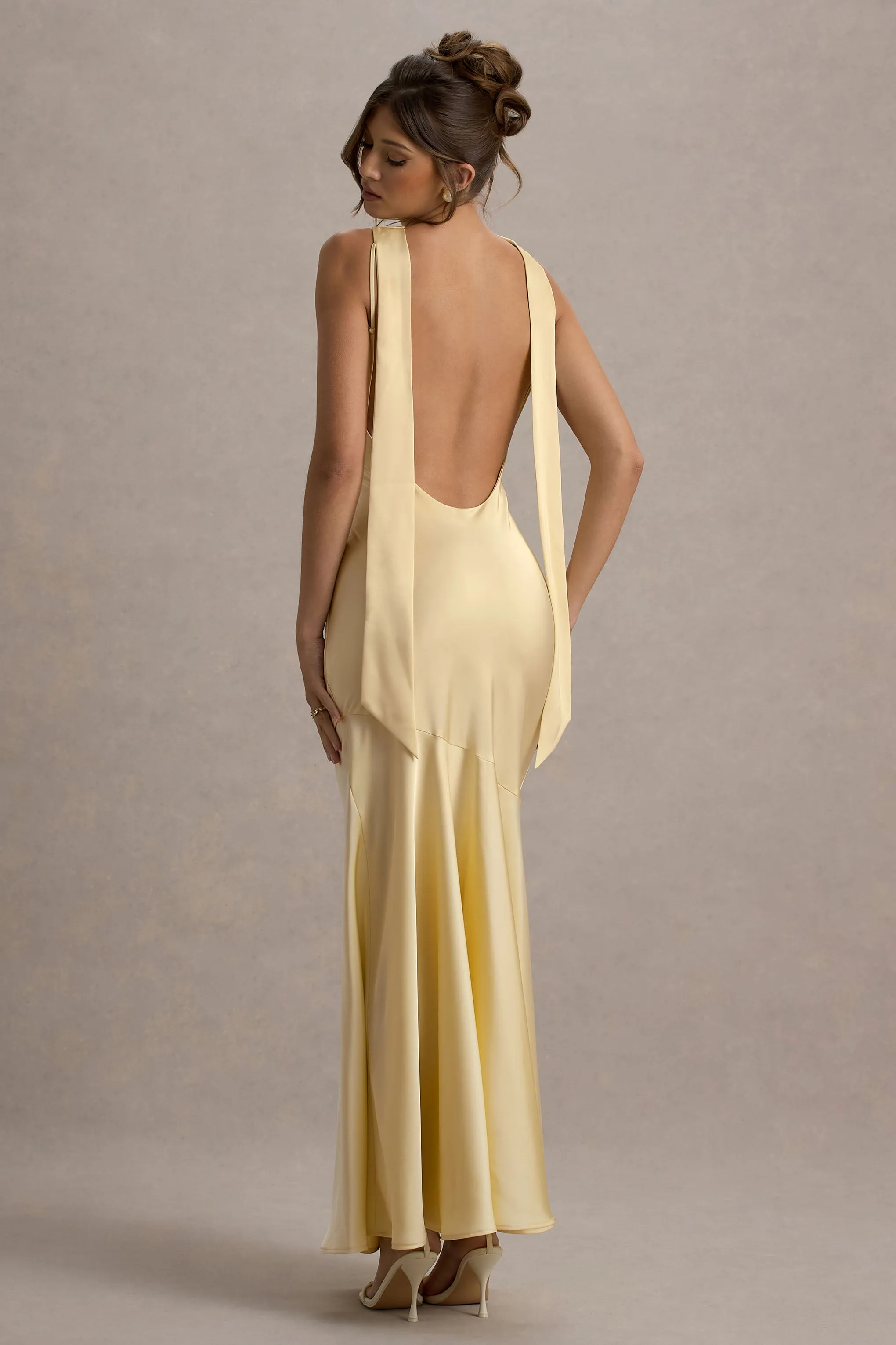 Amelita | Lemon Satin Cowl-Neck Maxi Dress sold by Club L London product image thumbnail 2