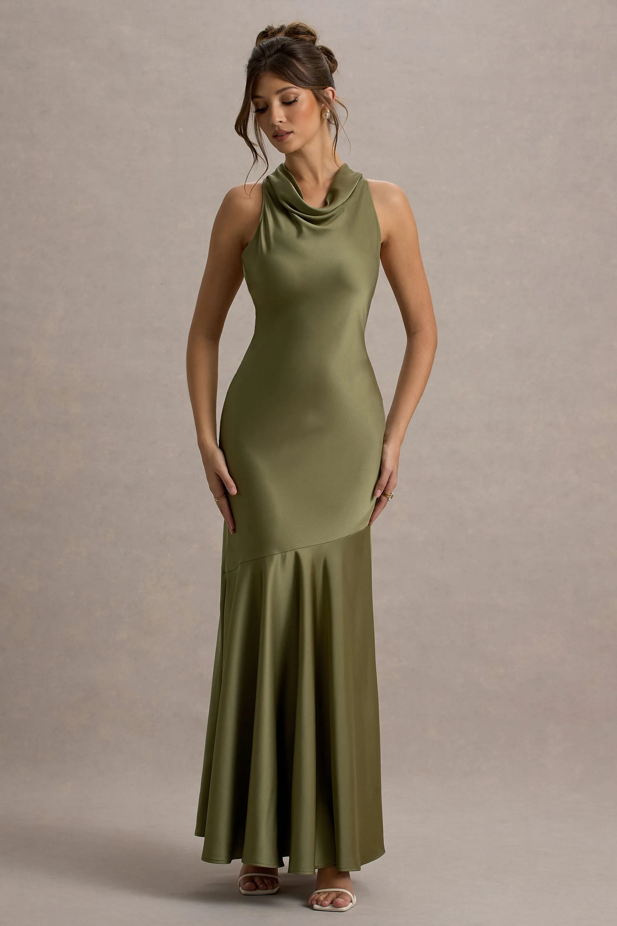 Amelita | Khaki Satin Cowl-Neck Maxi Dress sold by Club L London