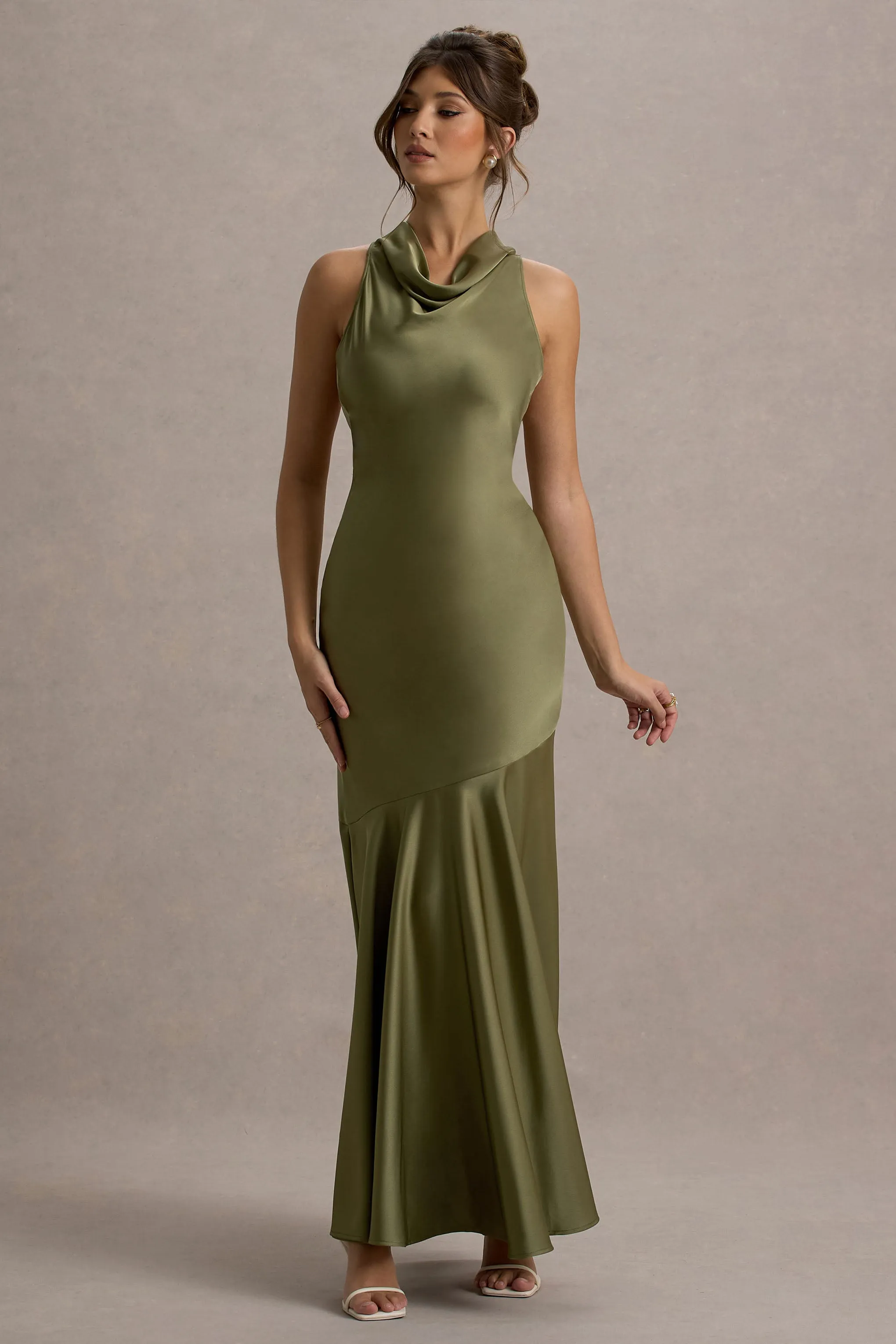Amelita | Khaki Satin Cowl-Neck Maxi Dress sold by Club L London product image thumbnail 5