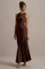 Amelita | Brown Satin Cowl-Neck Maxi Dress sold by Club L London