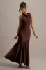 Amelita | Brown Satin Cowl-Neck Maxi Dress sold by Club L London