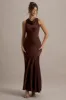 Amelita | Brown Satin Cowl-Neck Maxi Dress sold by Club L London