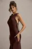 Amelita | Brown Satin Cowl-Neck Maxi Dress sold by Club L London