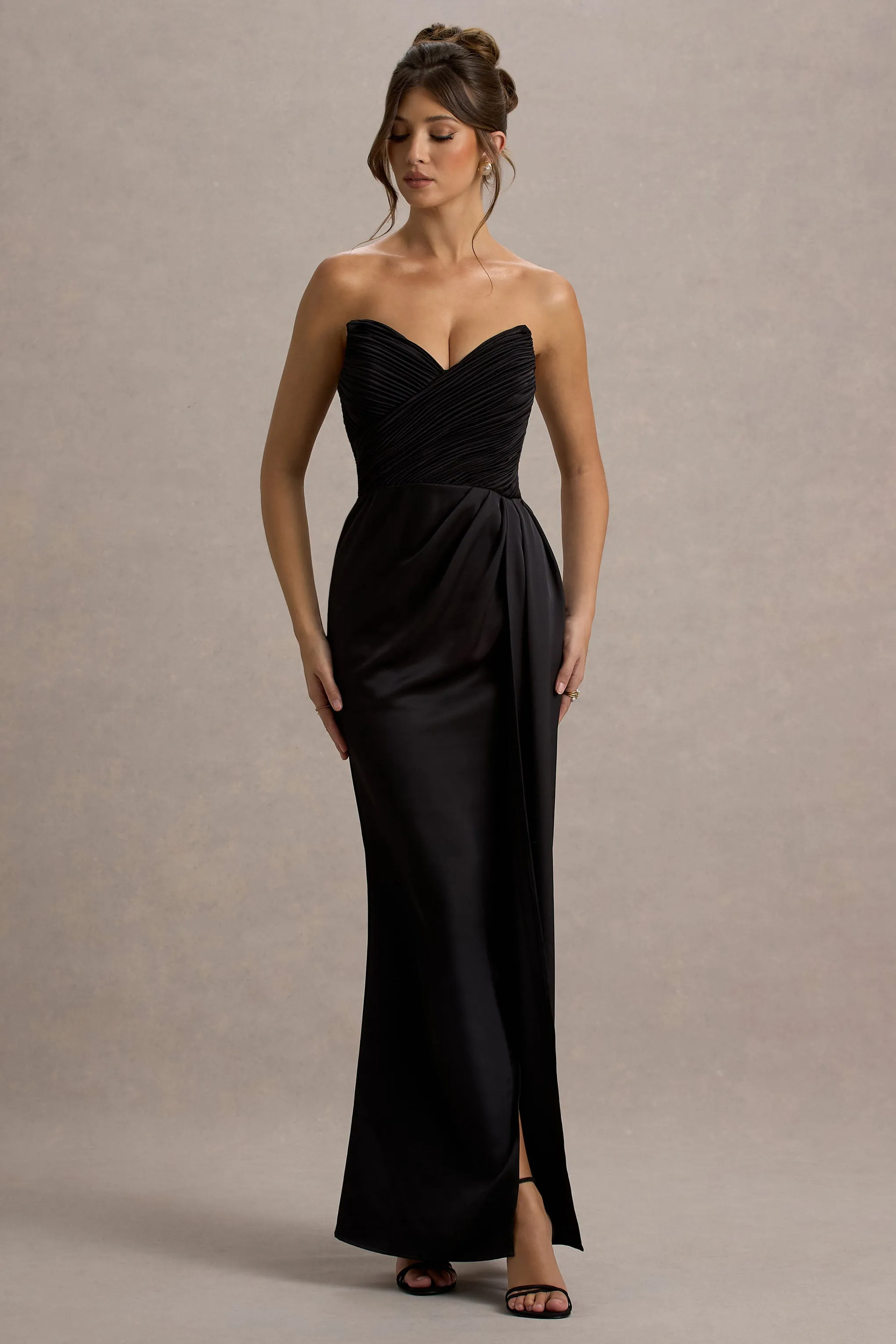 Edel | Black Satin Strapless Maxi Dress With Drape sold by Club L London