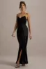 Edel | Black Satin Strapless Maxi Dress With Drape sold by Club L London
