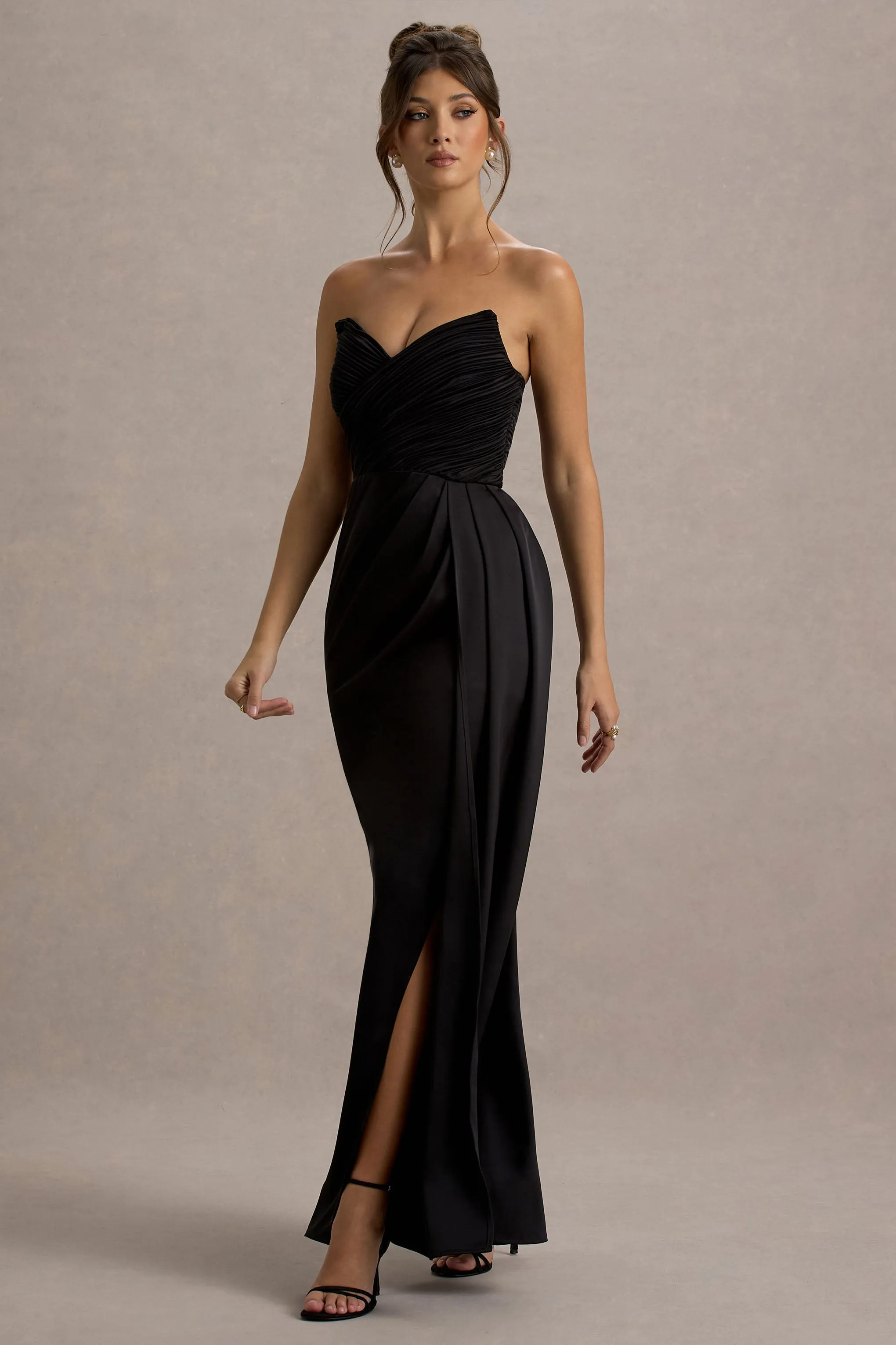 Edel | Black Satin Strapless Maxi Dress With Drape sold by Club L London product image thumbnail 5