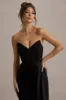 Edel | Black Satin Strapless Maxi Dress With Drape sold by Club L London