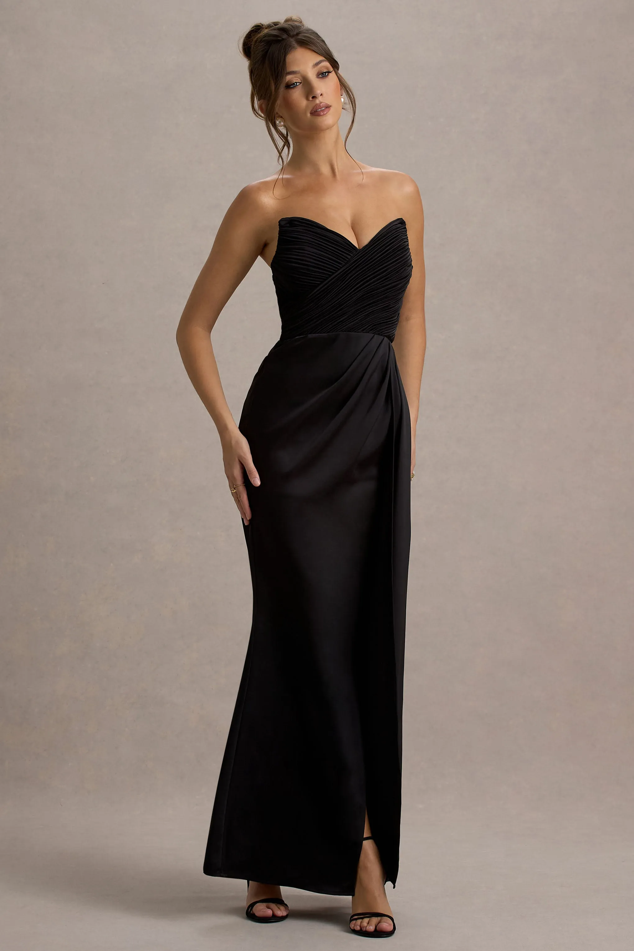Edel | Black Satin Strapless Maxi Dress With Drape sold by Club L London product image thumbnail 4
