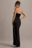 Edel | Black Satin Strapless Maxi Dress With Drape sold by Club L London