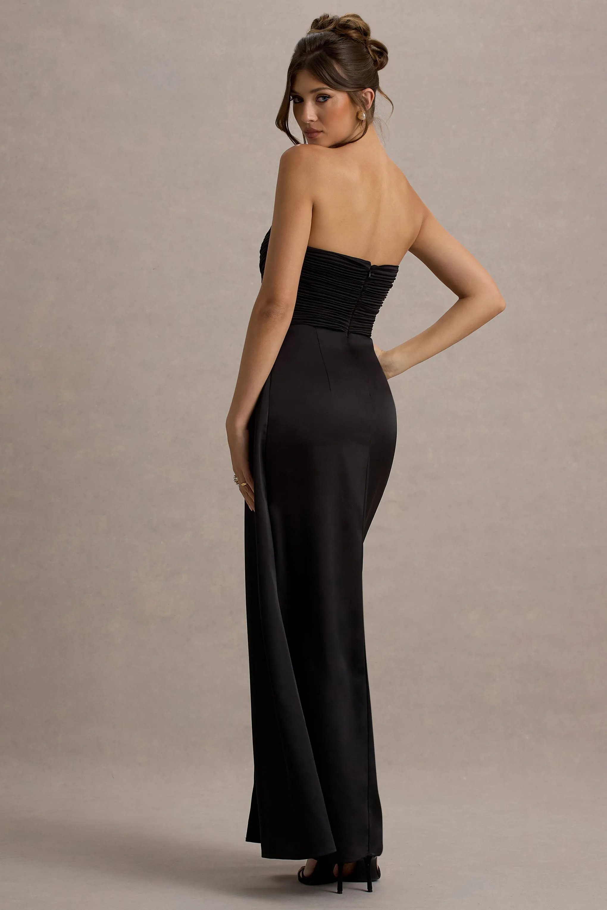 Edel | Black Satin Strapless Maxi Dress With Drape sold by Club L London product image thumbnail 2