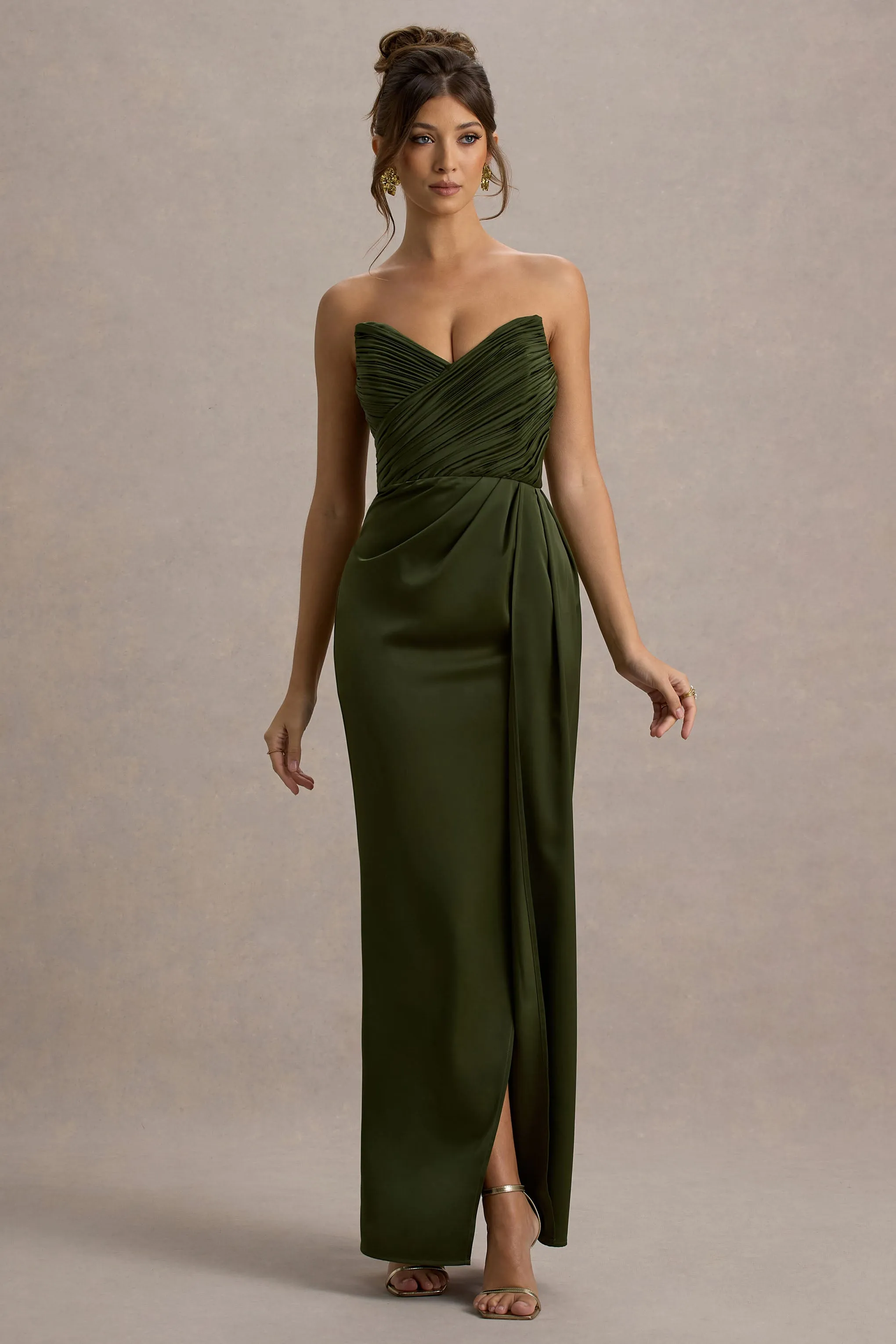 Edel | Olive Satin Strapless Maxi Dress With Drape sold by Club L London product image thumbnail 5