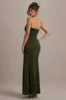 Edel | Olive Satin Strapless Maxi Dress With Drape sold by Club L London