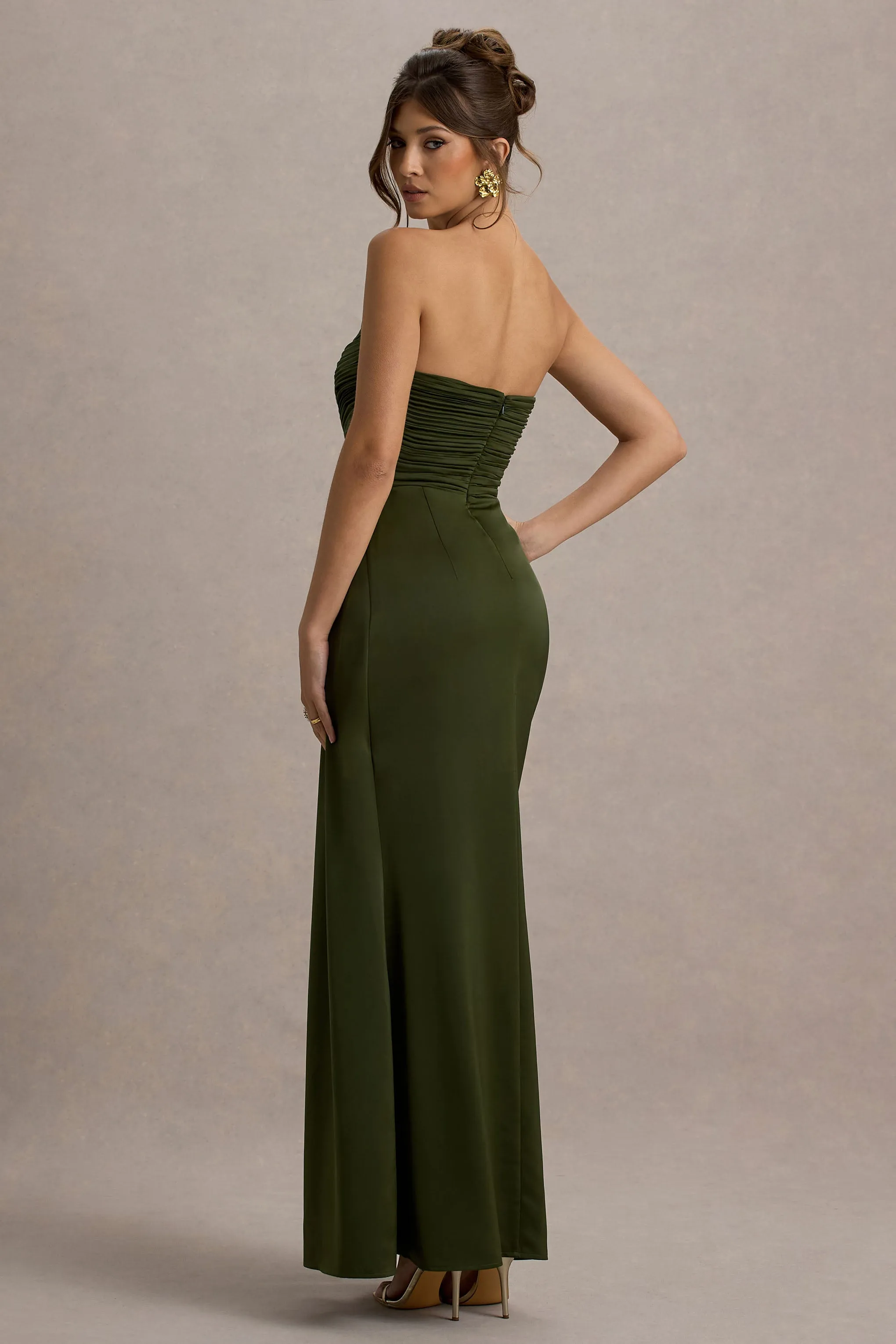 Edel | Olive Satin Strapless Maxi Dress With Drape sold by Club L London product image thumbnail 2