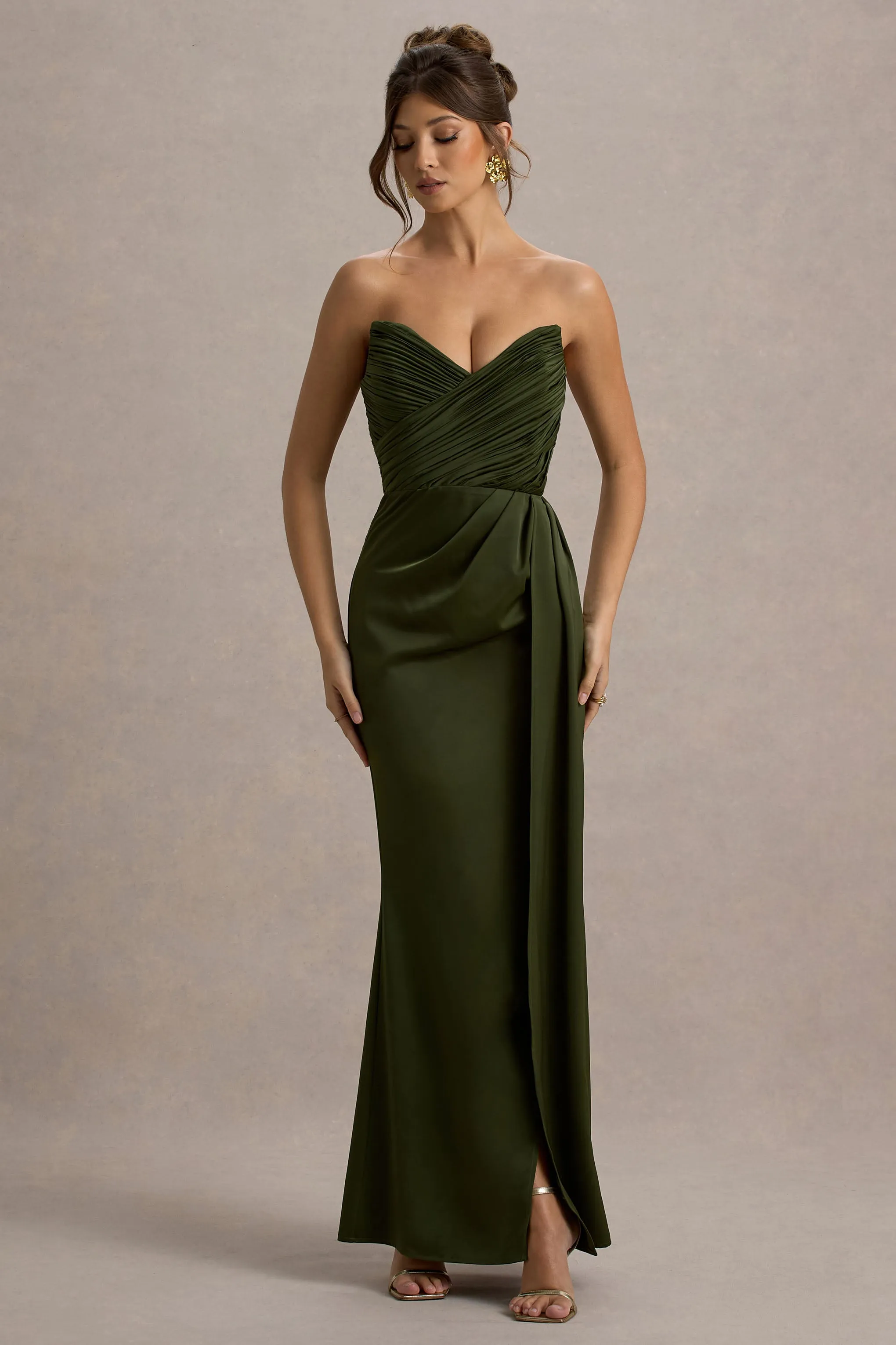 Edel | Olive Satin Strapless Maxi Dress With Drape sold by Club L London
