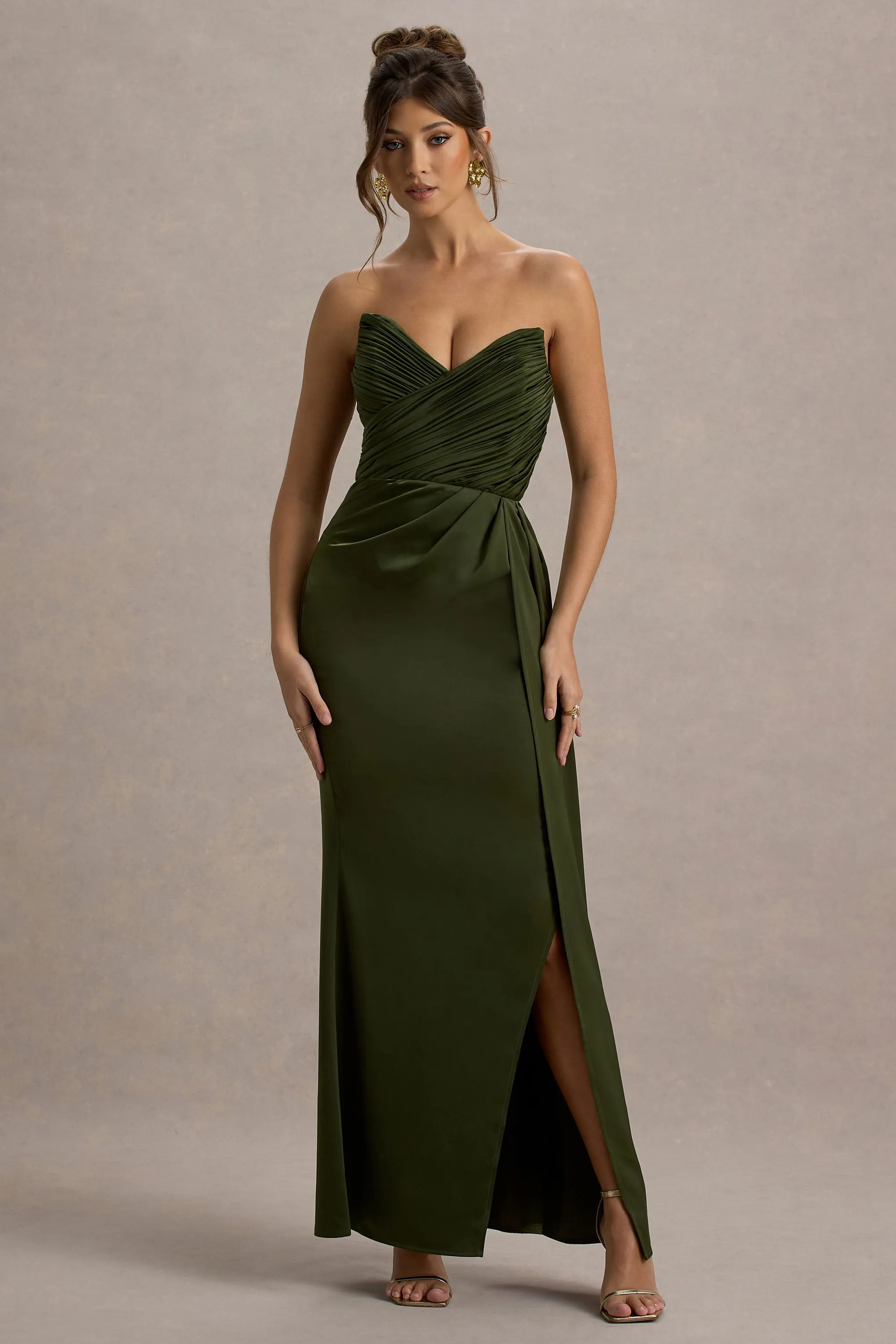 Edel | Olive Satin Strapless Maxi Dress With Drape sold by Club L London product image thumbnail 4
