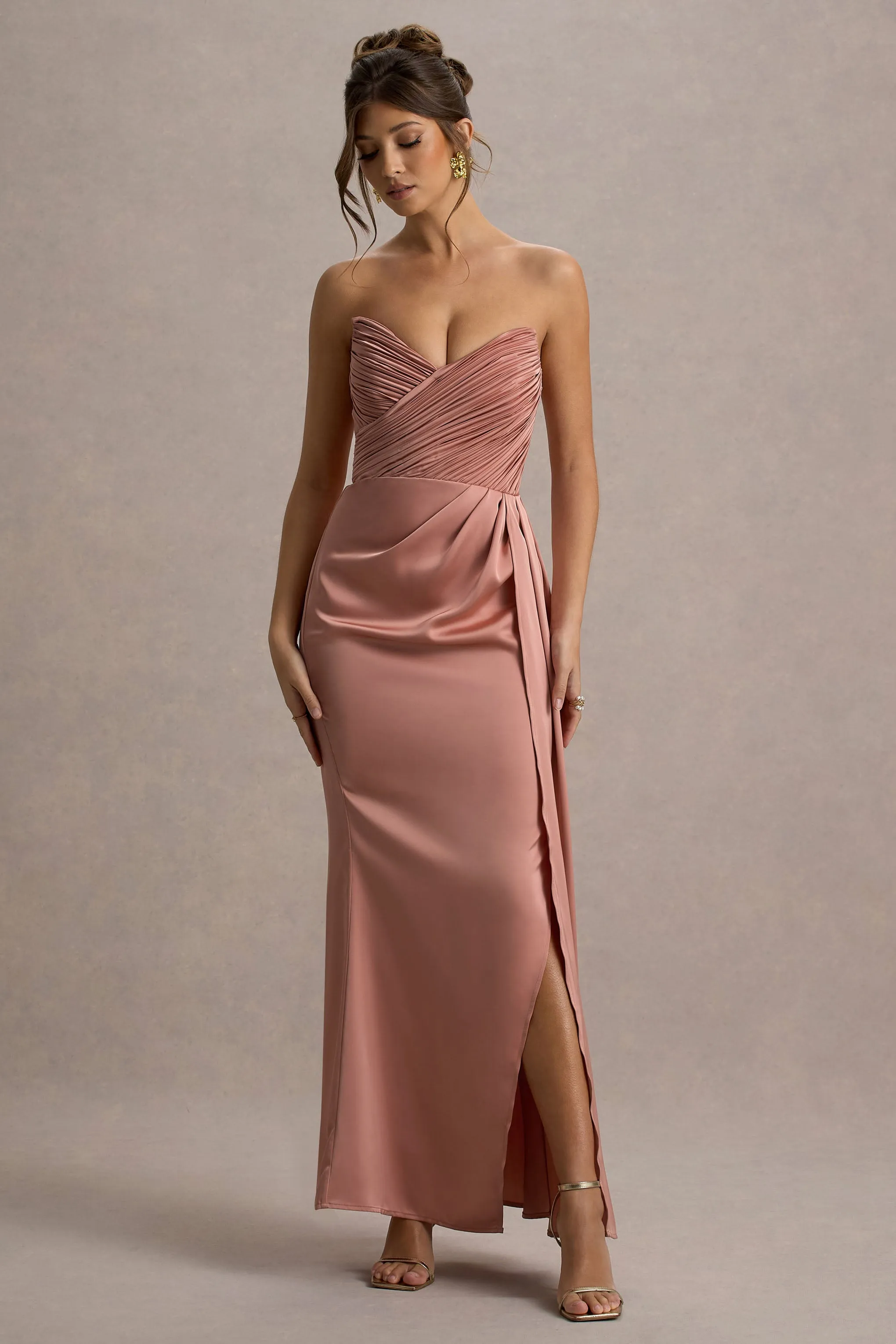 Edel | Pink Satin Strapless Maxi Dress With Drape sold by Club L London product image thumbnail 5