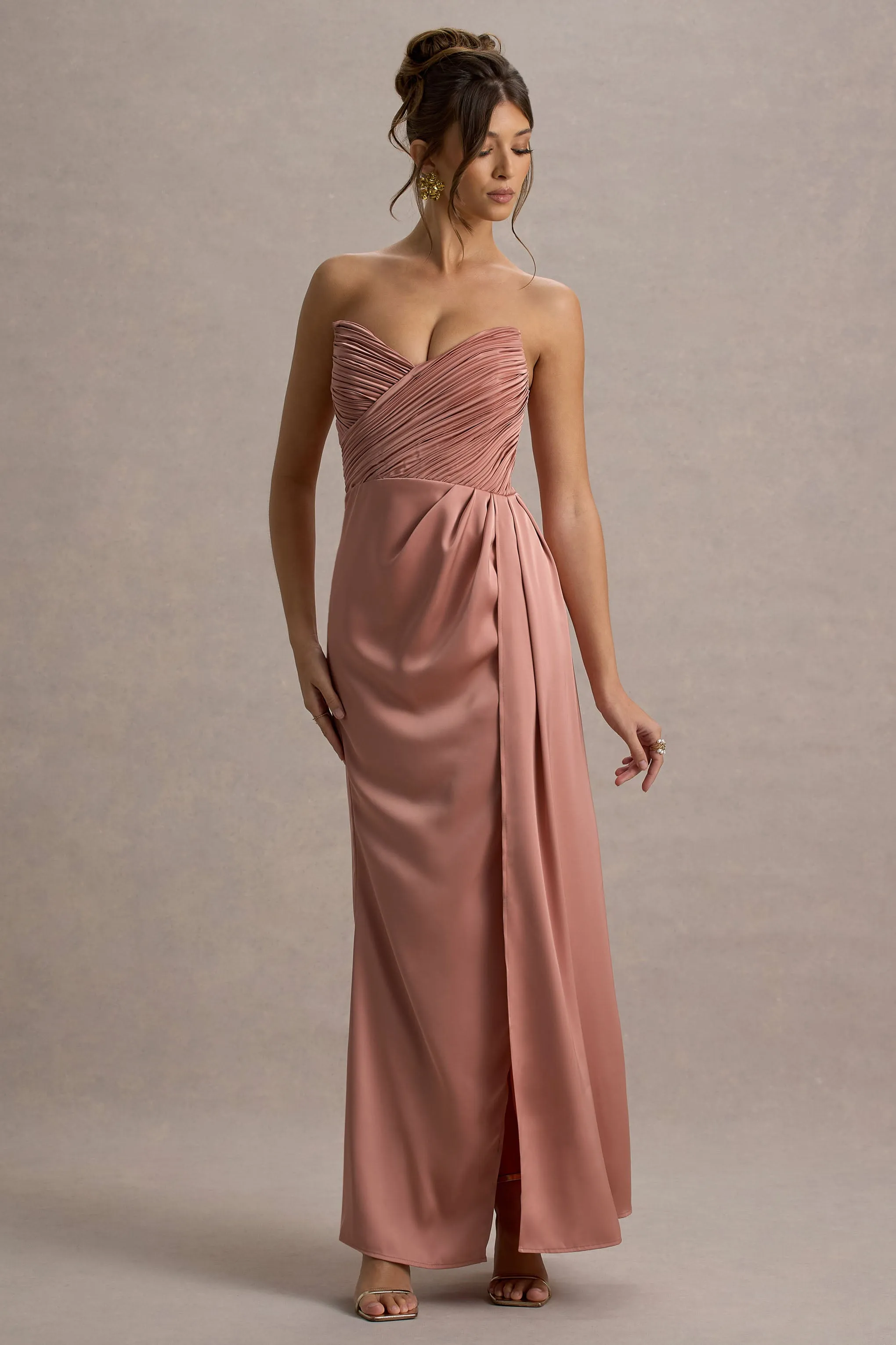 Edel | Pink Satin Strapless Maxi Dress With Drape sold by Club L London product image thumbnail 4