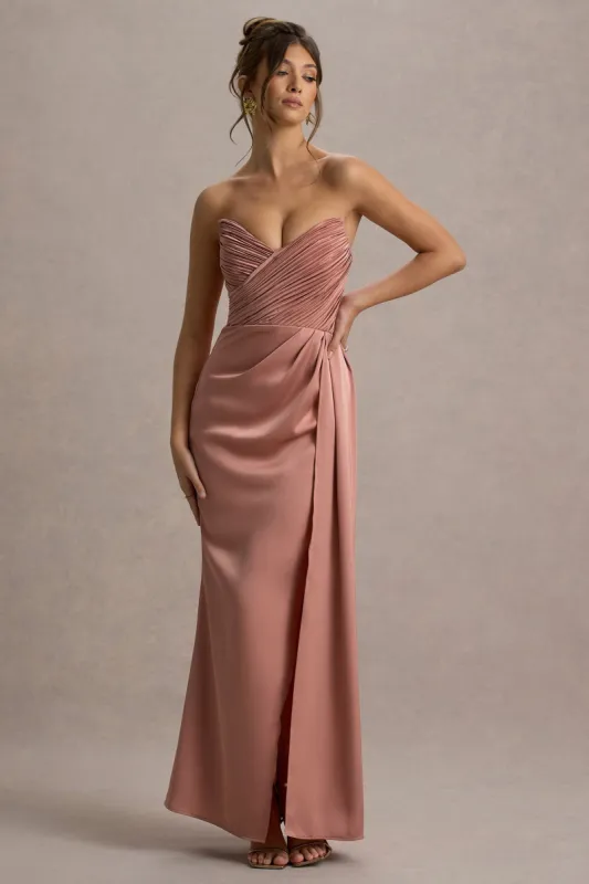 Edel | Pink Satin Strapless Maxi Dress With Drape sold by Club L London