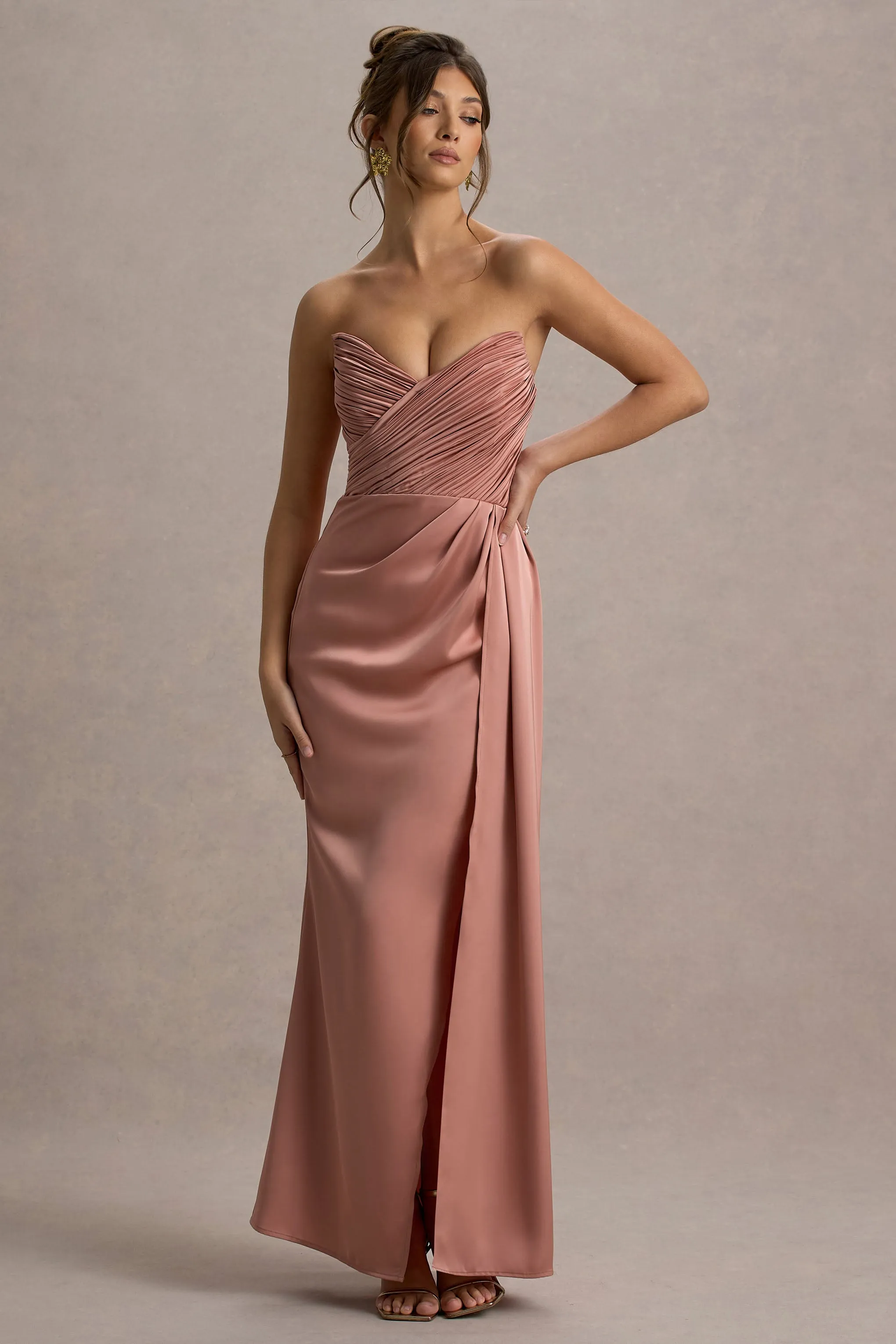 Edel | Pink Satin Strapless Maxi Dress With Drape sold by Club L London