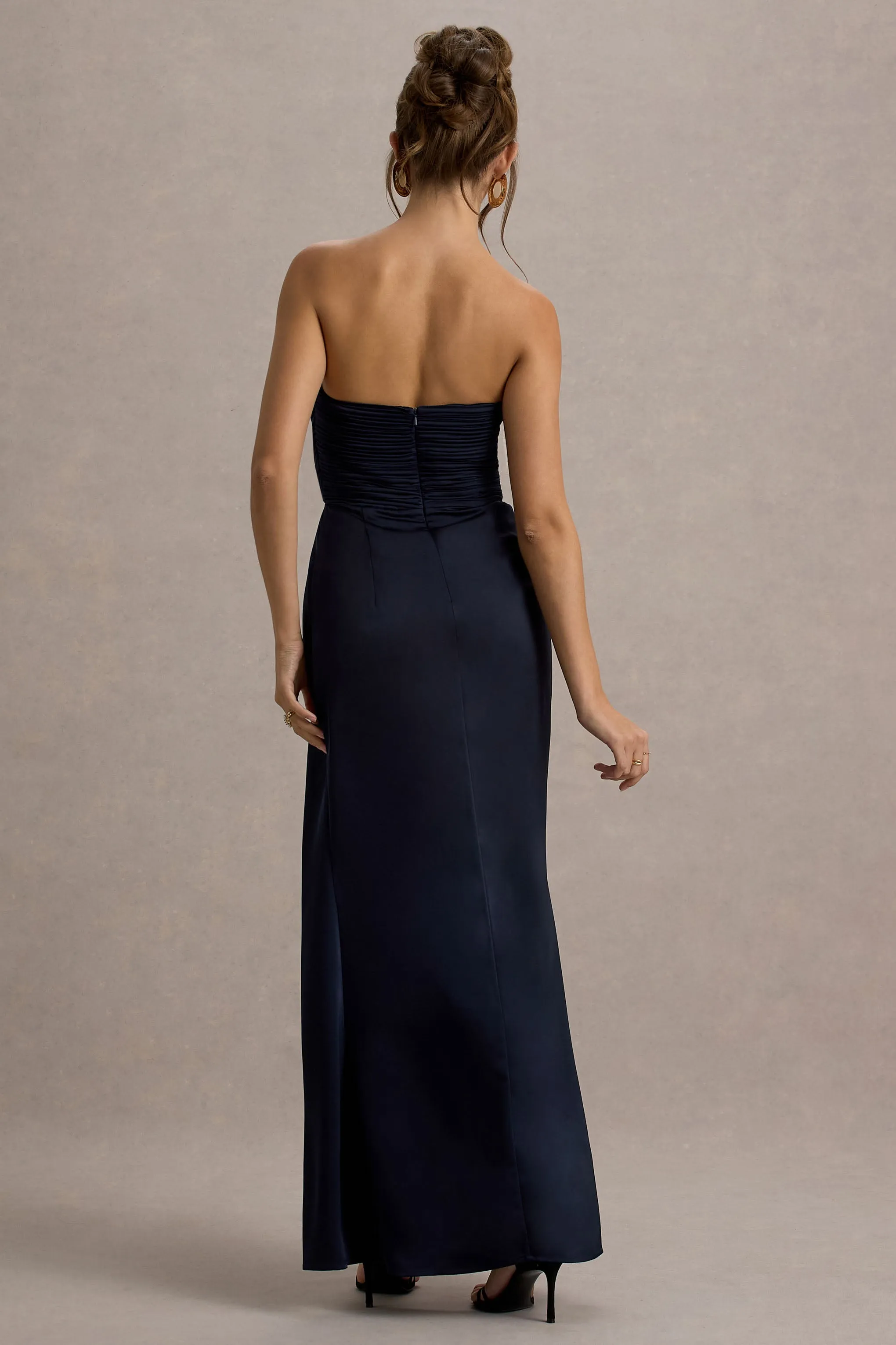 Edel | Navy Satin Strapless Maxi Dress With Drape sold by Club L London product image thumbnail 2