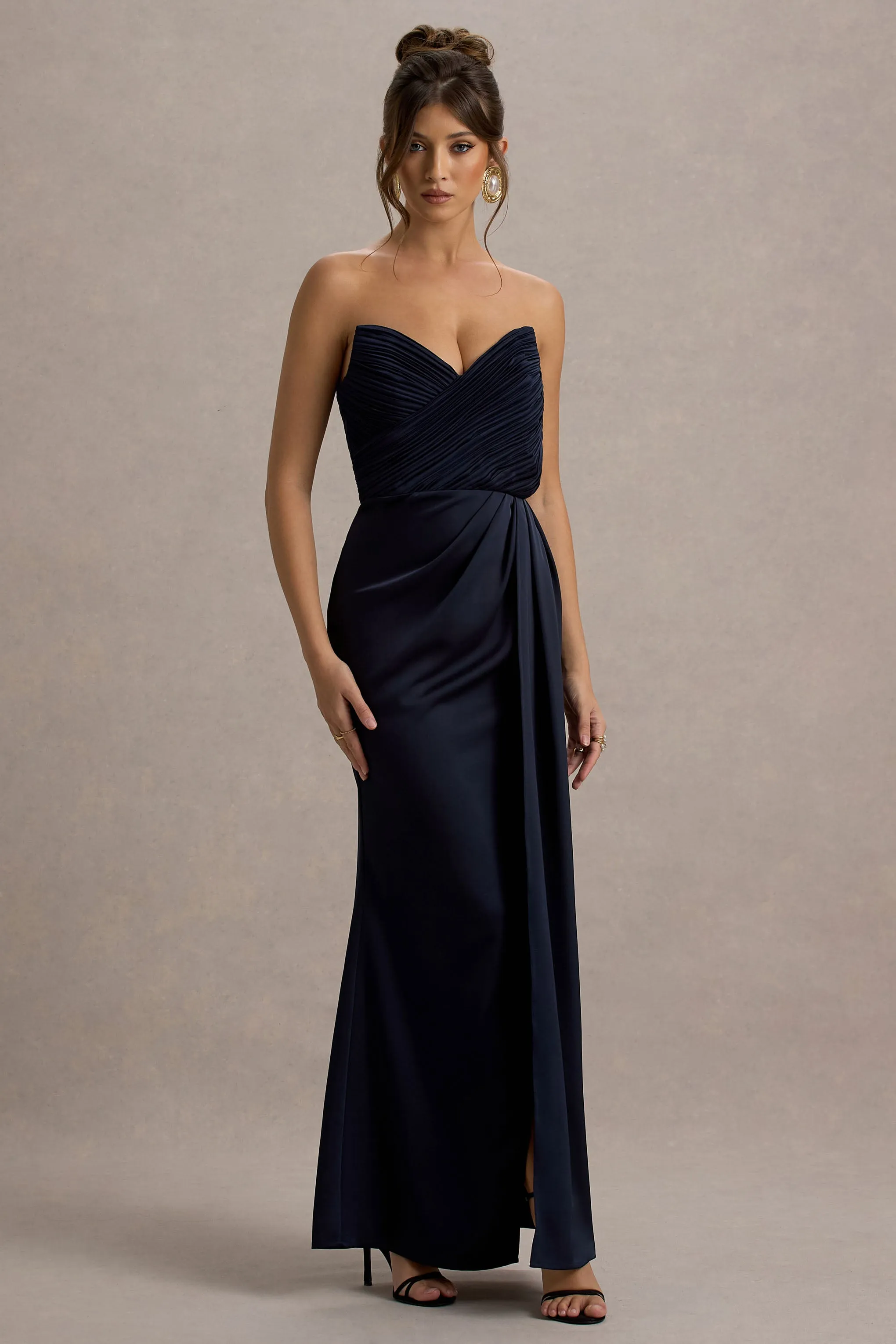 Edel | Navy Satin Strapless Maxi Dress With Drape sold by Club L London