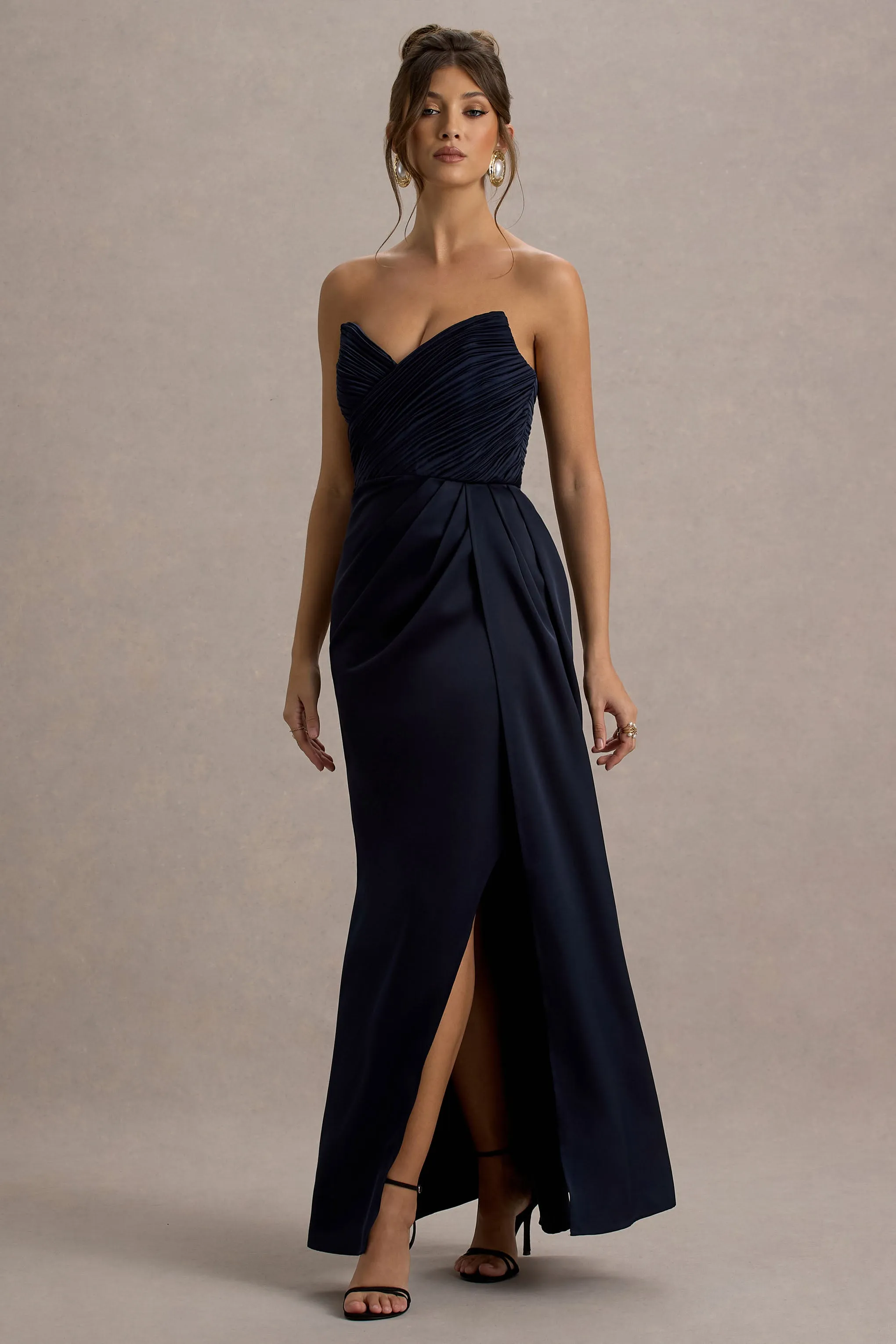 Edel | Navy Satin Strapless Maxi Dress With Drape sold by Club L London product image thumbnail 5