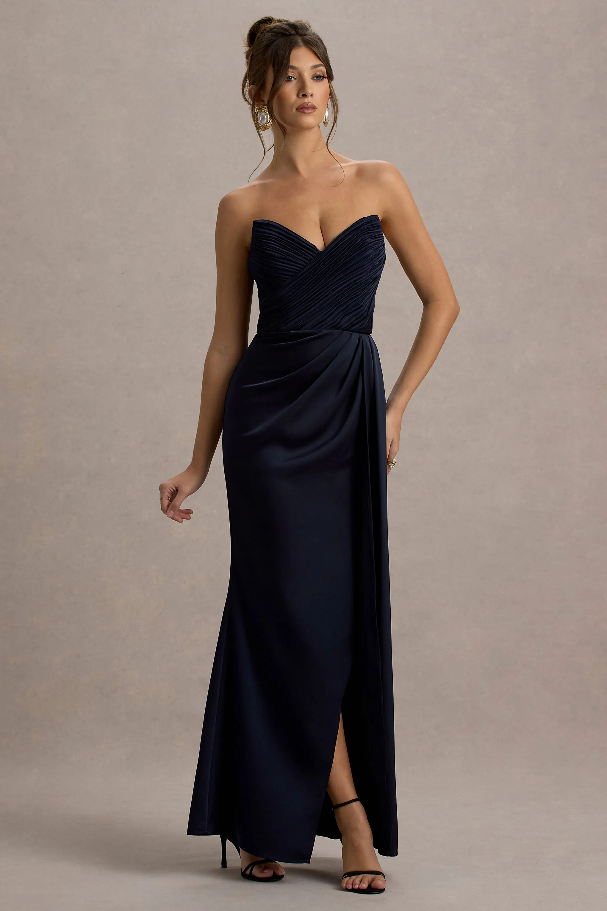 Edel | Navy Satin Strapless Maxi Dress With Drape sold by Club L London product image thumbnail 4