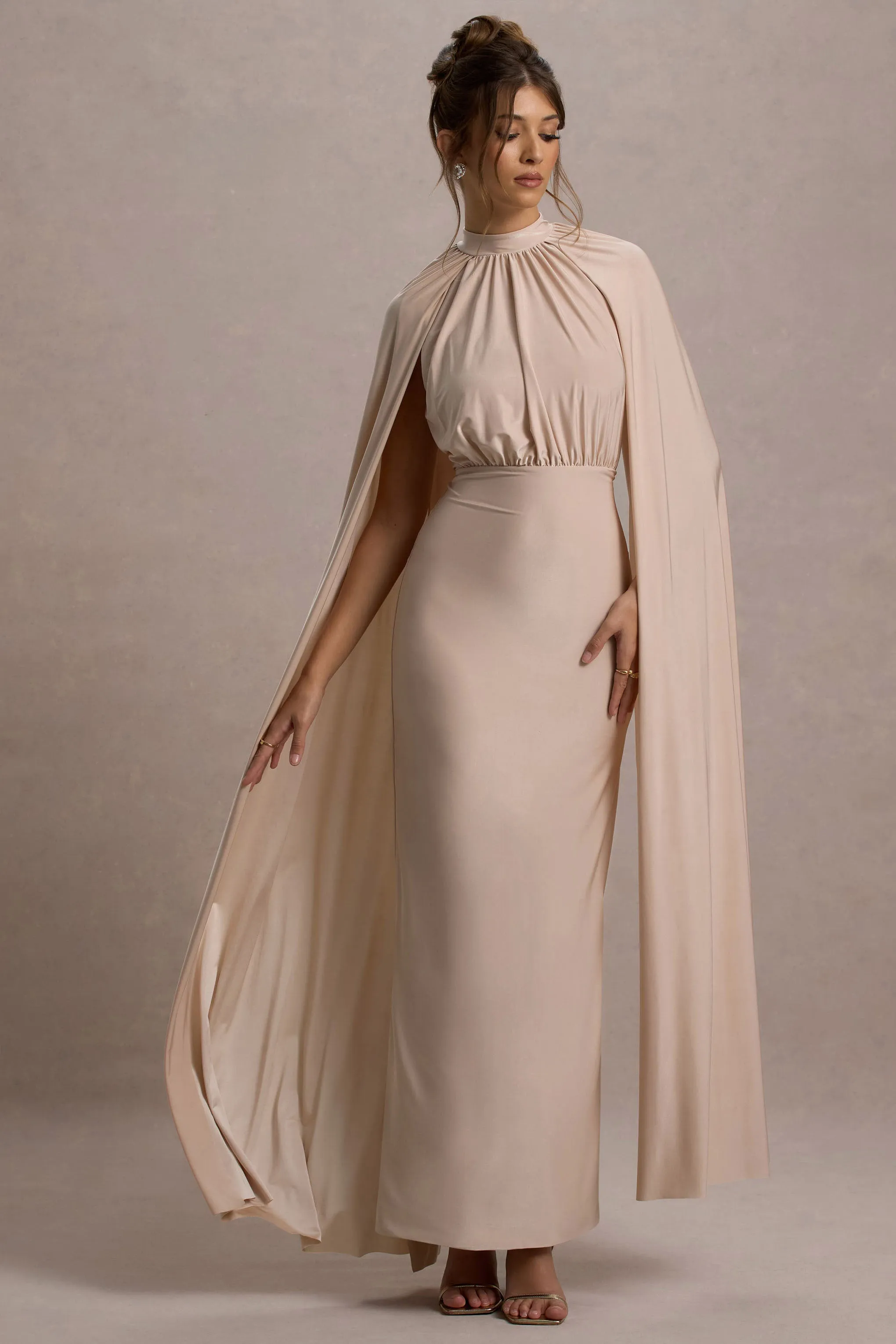 Darielle | Champagne High-Neck Cape-Sleeve Maxi Dress sold by Club L London product image thumbnail 3