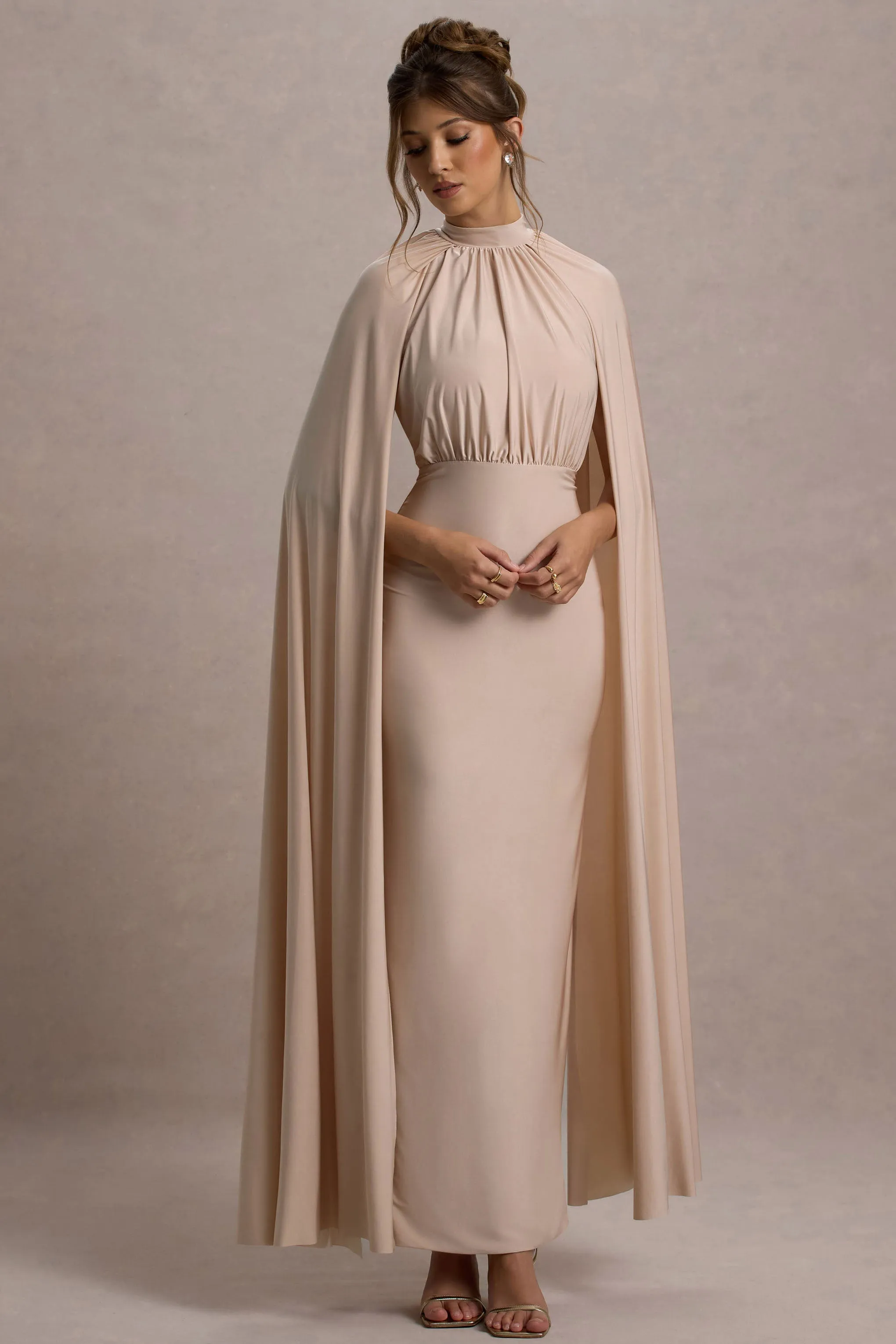 Darielle | Champagne High-Neck Cape-Sleeve Maxi Dress sold by Club L London