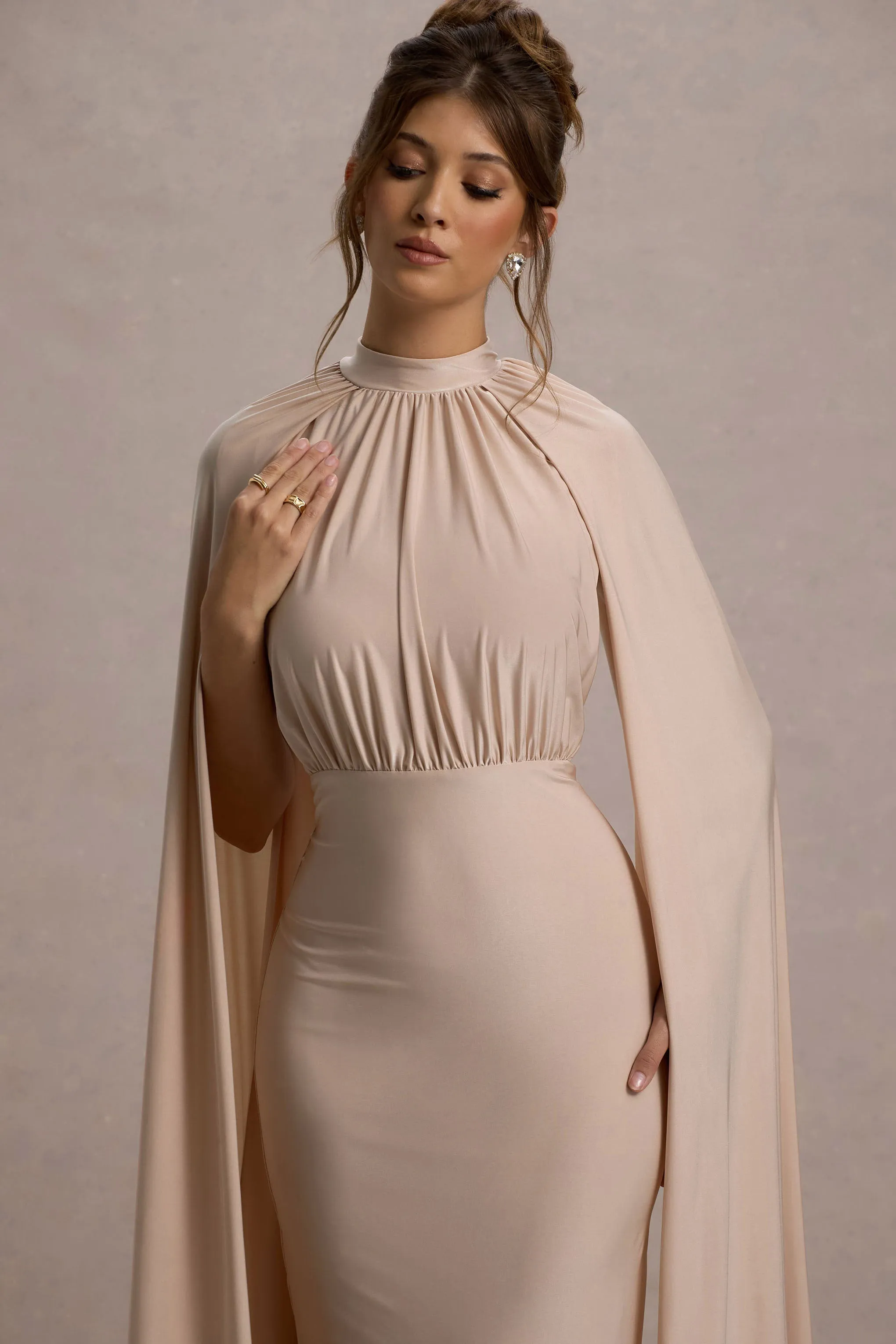 Darielle | Champagne High-Neck Cape-Sleeve Maxi Dress sold by Club L London product image thumbnail 4