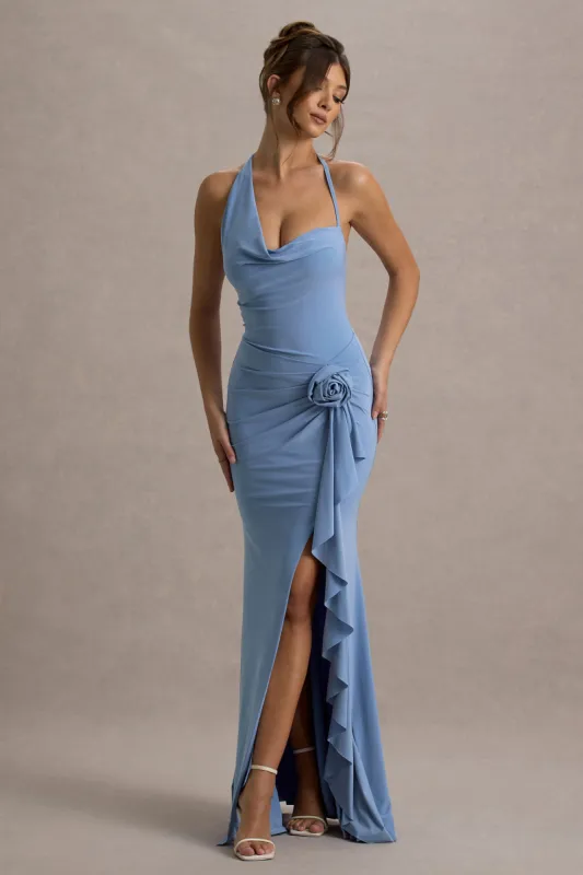 Lucena | Powder Blue Cowl-Neck Wrap Maxi Dress With Floral Drape sold by Club L London