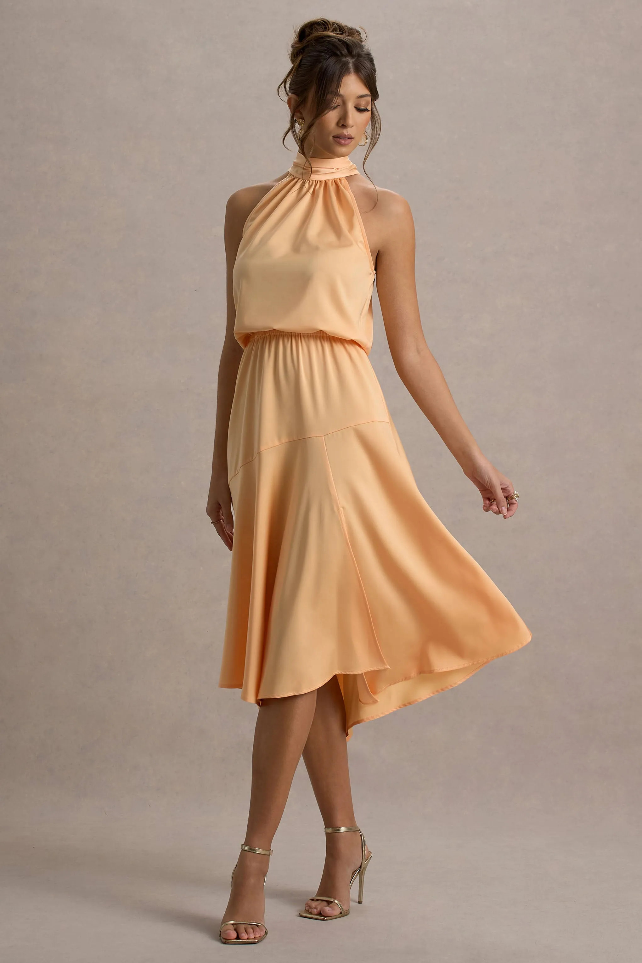 Palonia | Peach Satin High-Neck Split Midi Dress sold by Club L London product image thumbnail 4