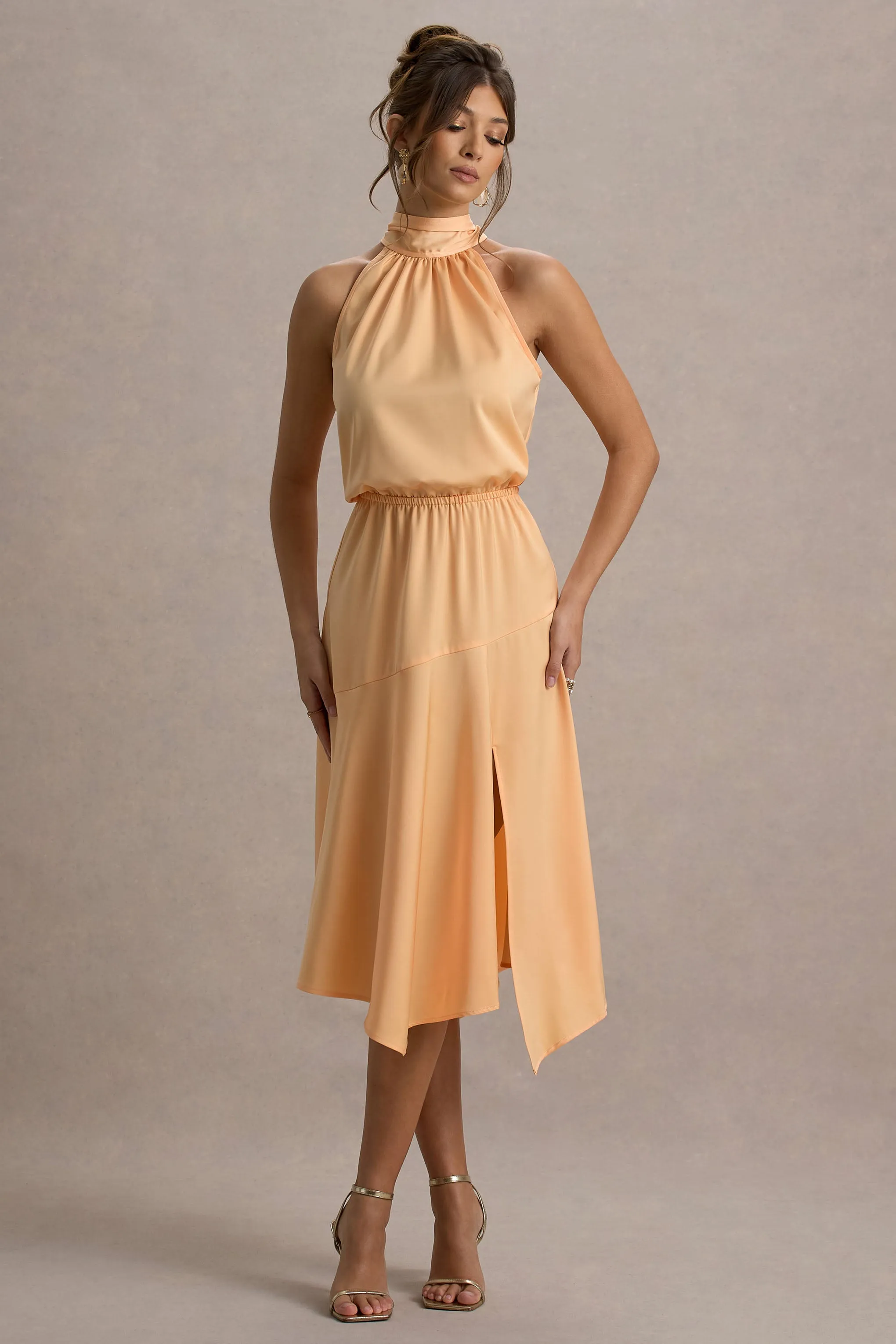 Palonia | Peach Satin High-Neck Split Midi Dress sold by Club L London product image thumbnail 5