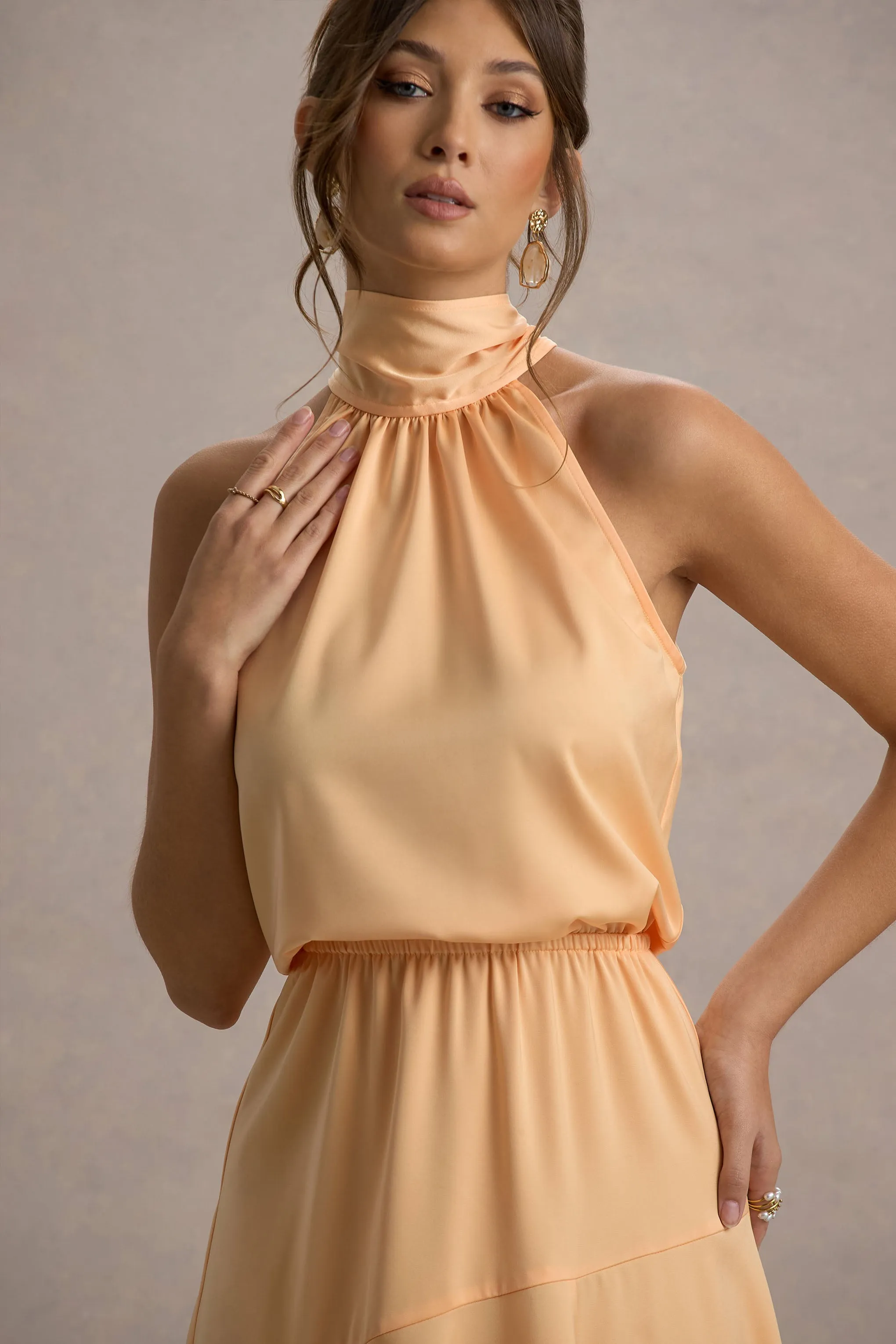 Palonia | Peach Satin High-Neck Split Midi Dress sold by Club L London product image thumbnail 3