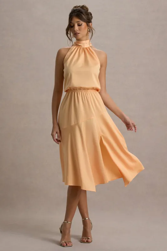 Palonia | Peach Satin High-Neck Split Midi Dress sold by Club L London