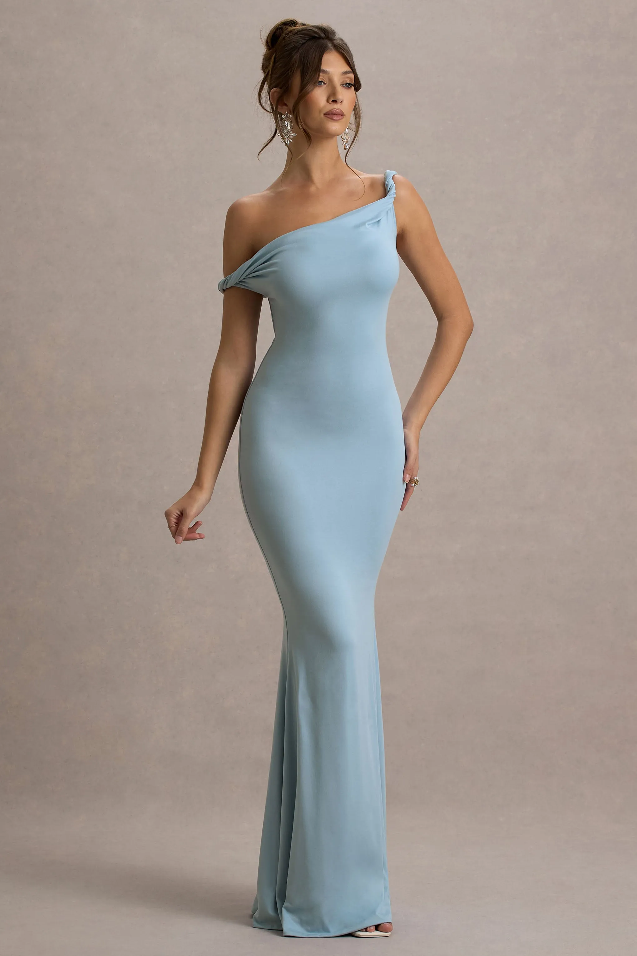 Lita | Powder Blue Twisted Asymmetric Maxi Dress sold by Club L London