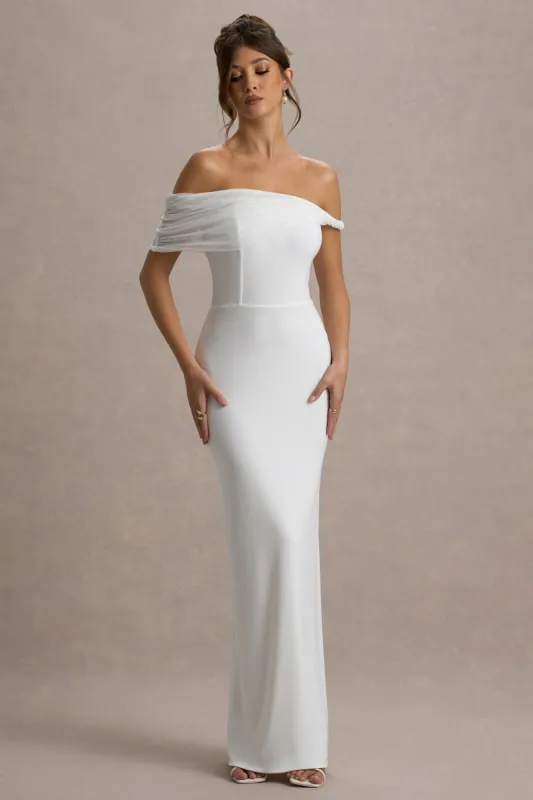 Alonza | White Twisted Bardot Maxi Dress sold by Club L London