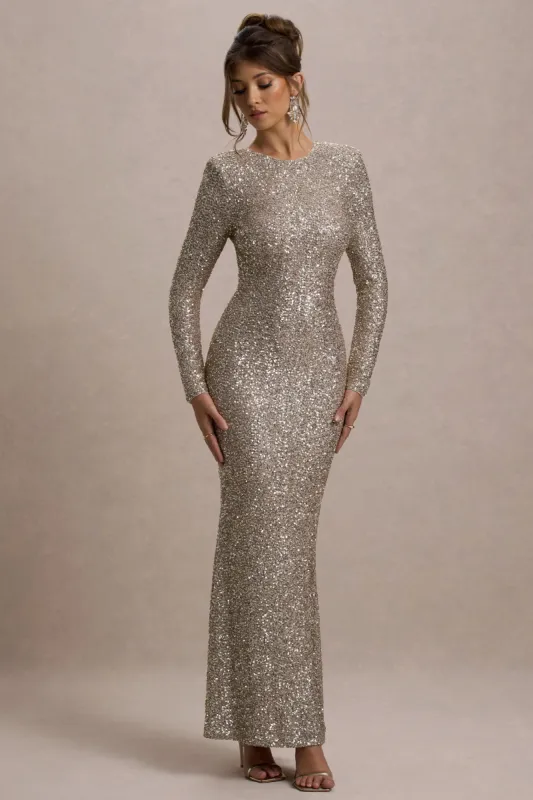 Citrine | Champagne Sequin Long-Sleeve Maxi Dress sold by Club L London